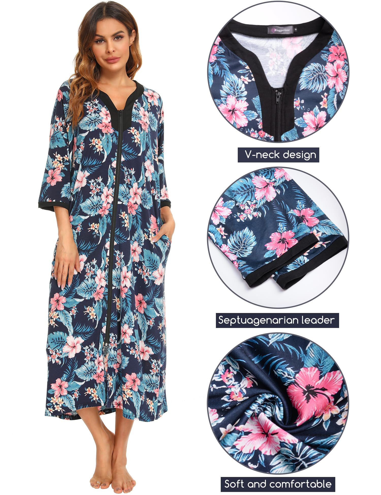 Bloggerlove Women's Zip Up Cotton Robe - Long House Coat with Half Sleeves, Comfy Sleepwear & Nightgown for Lounging, Sleeping & Relaxing at Home