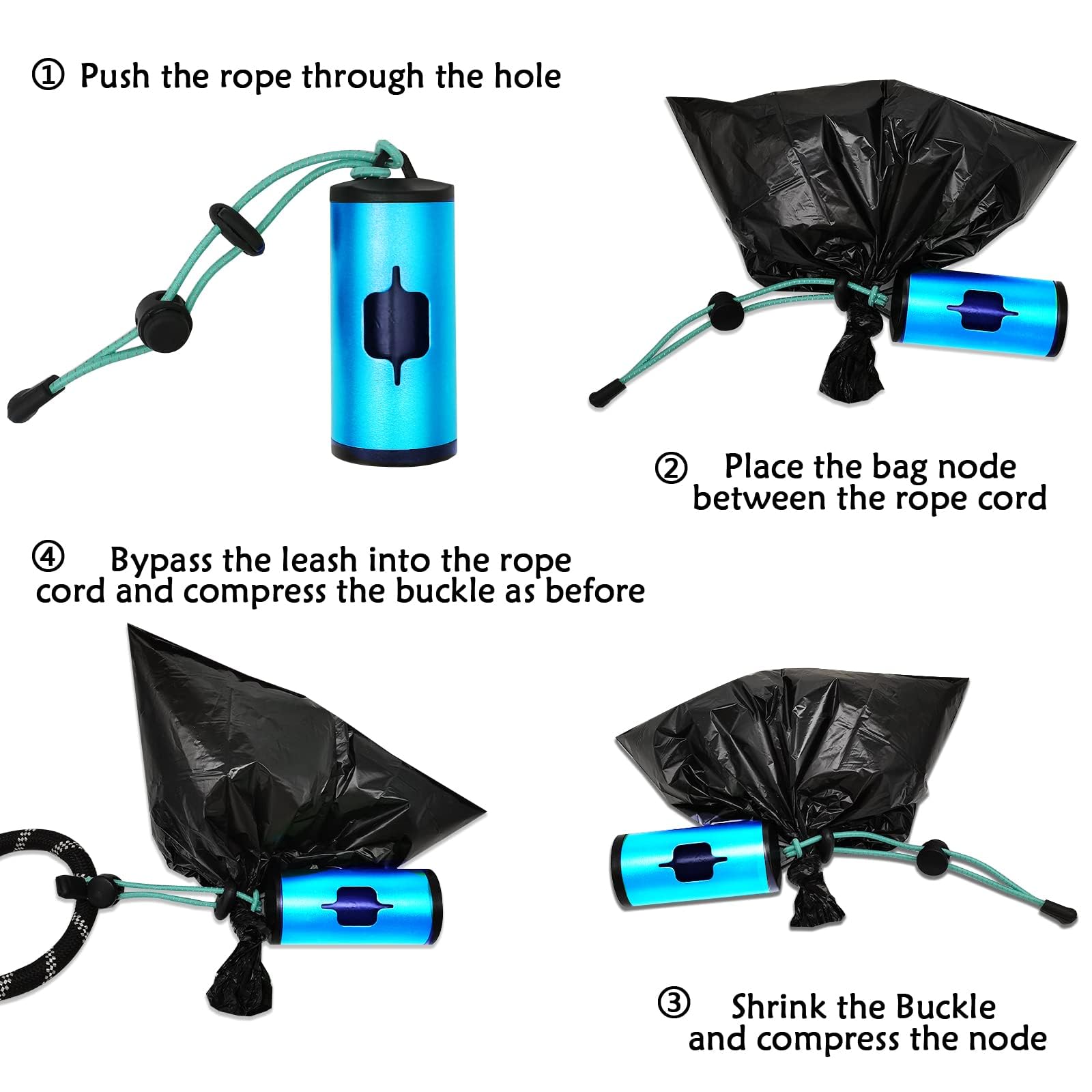 **Eco-Friendly Aluminum Dog Poop Bag Holder with Carabiner – Metal Pet Waste Dispenser with Hook & Loop Fastener & Elastic Cord – Includes 15 Bags (Blue) – Perfect for Walking, Hiking & Travel**