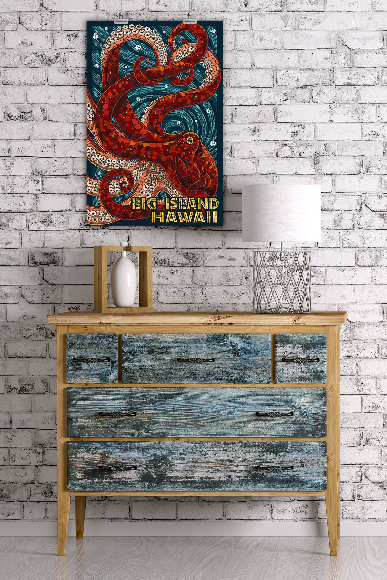 Lantern Press 16x24 Inch Giclee Art Print - Big Island Hawaii Octopus Mosaic Wall Decor - Perfect for Living Room, Bedroom or Office