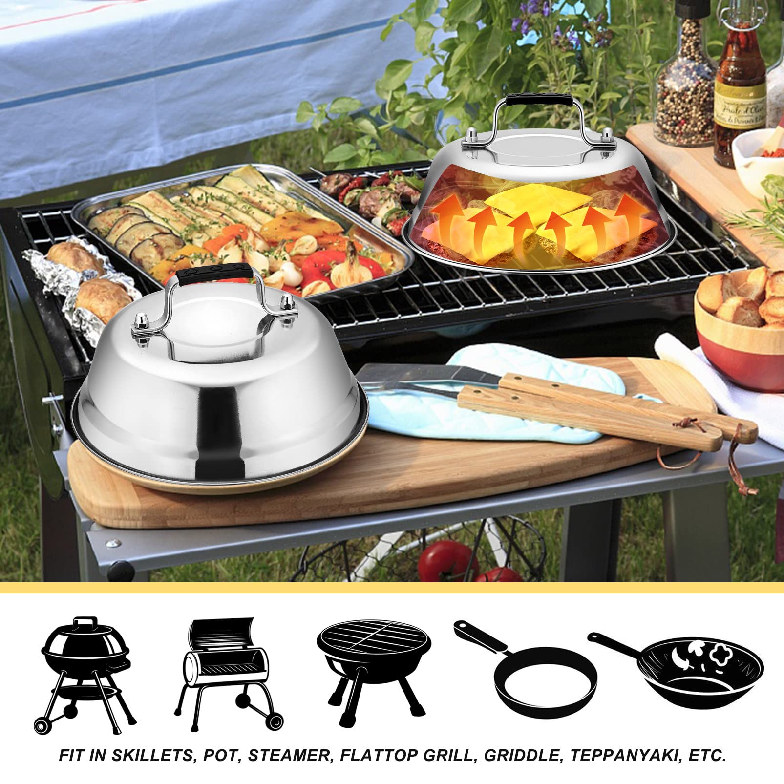 Joyfair 9-Inch Stainless Steel Cheese Melting Dome & BBQ Basting Cover – Heavy Duty Heatproof Lid for Grilling Steak, Melting Cheese, Steaming Vegetables – Perfect for Outdoor Cooking, Camping & Backyard BBQs