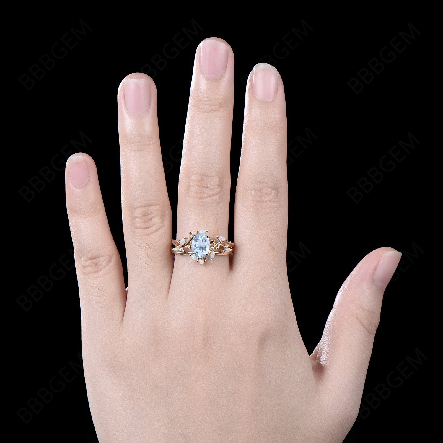 Twig Vine Aquamarine Opal Engagement Ring - Nature Inspired Wedding Band for Women, Dainty Leaf Design Jewelry Gift for Bride, Anniversary & Proposal - Perfect for Outdoor & Boho Weddings
