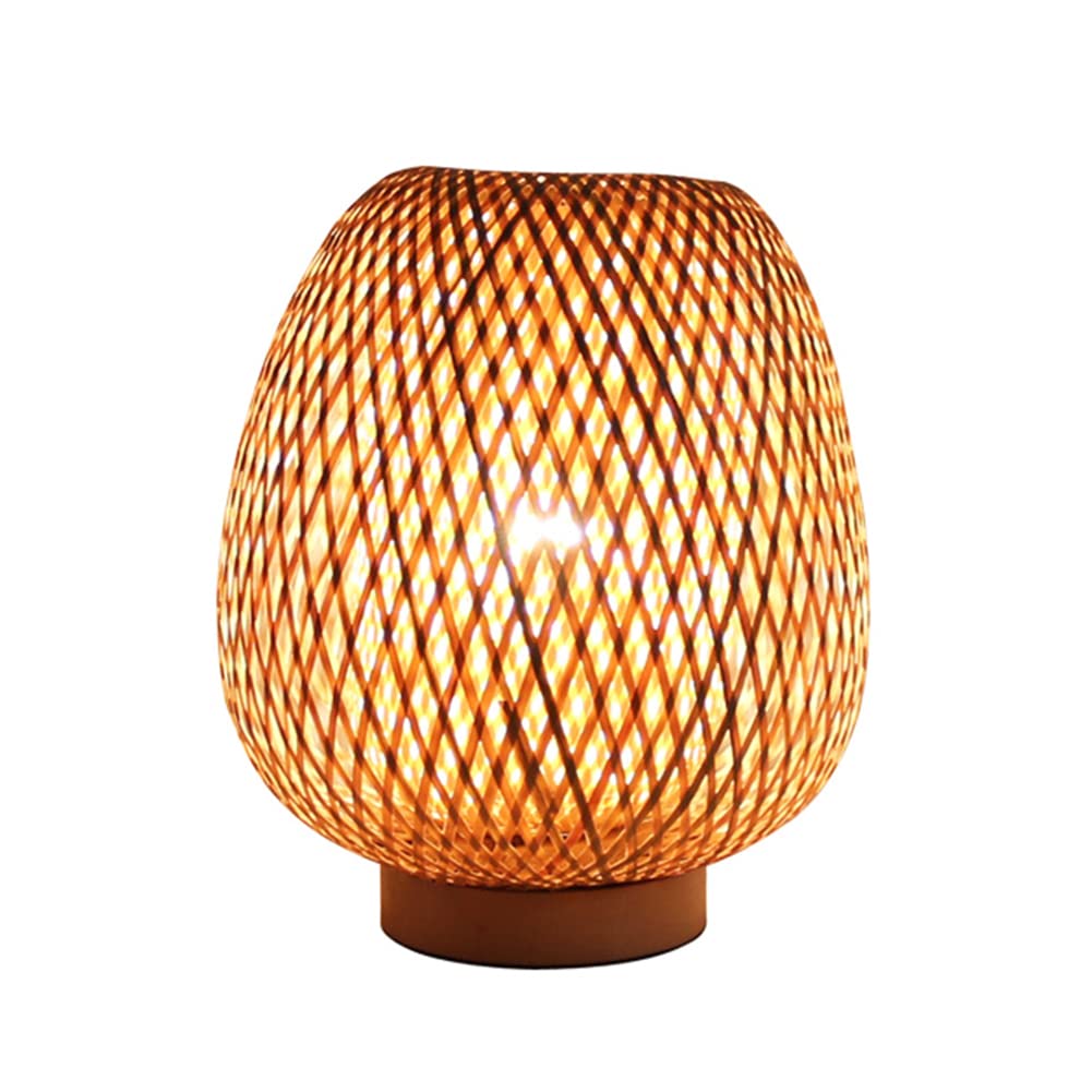 Natural Rattan Table Lamp with Wicker Lampshade & Wooden Base - Handwoven Bamboo Bedside Light with On/Off Switch - Rustic Decor for Bedroom, Study, Living Room, Dining Room, Cafe - Perfect for Cozy Nights & Relaxing Reading (25cm Height)