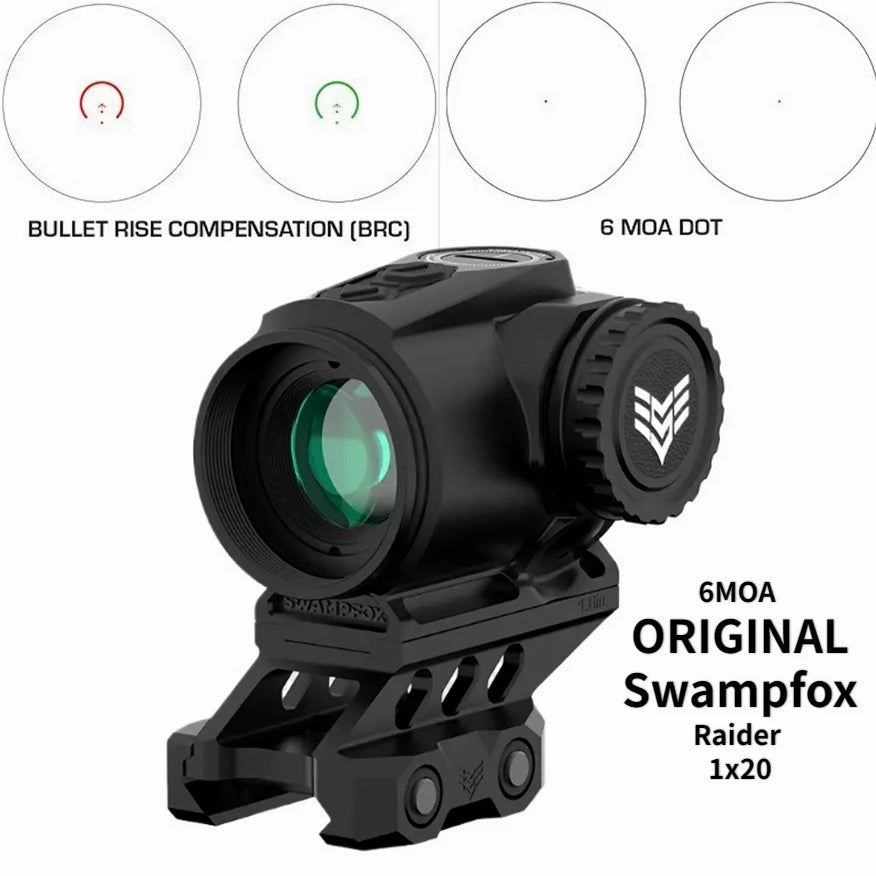 Swampfox Raider 1x20 Prism Red Dot Sight - BRC/6 MOA Dot Reticle, T2 Footprint, 20mm Picatinny Mount with Shake Wake Technology | Rifle Scope for AR-15, Shotgun & Tactical Firearms | Hunting, Home Defense & Competitive Shooting