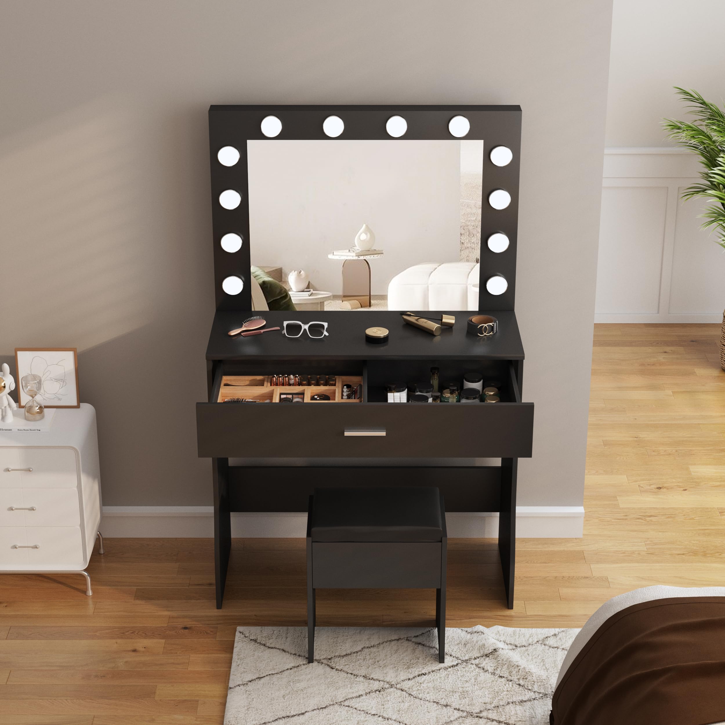 Vanity Desk with Mirror and Lights - Adjustable Brightness Makeup Vanity Table Set with Storage Drawer & Cushioned Chair - Perfect for Bedroom, Dressing Room & Beauty Salon (Black)