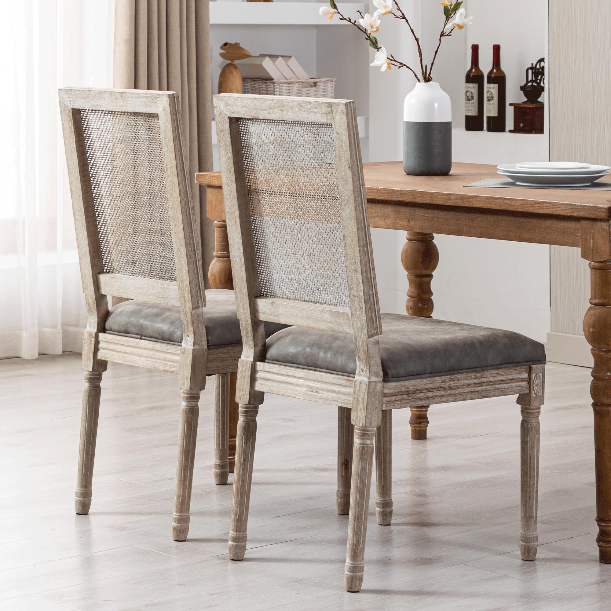 Premium PU Leather Dining Chairs Set of 2 - Mid Century Modern Kitchen Chairs with Upholstered Seat & Rattan Back - Accent Side Chairs for Living Room, Dining Room, Bedroom - Grey - Perfect for Home Decor, Small Spaces & Entertaining Guests