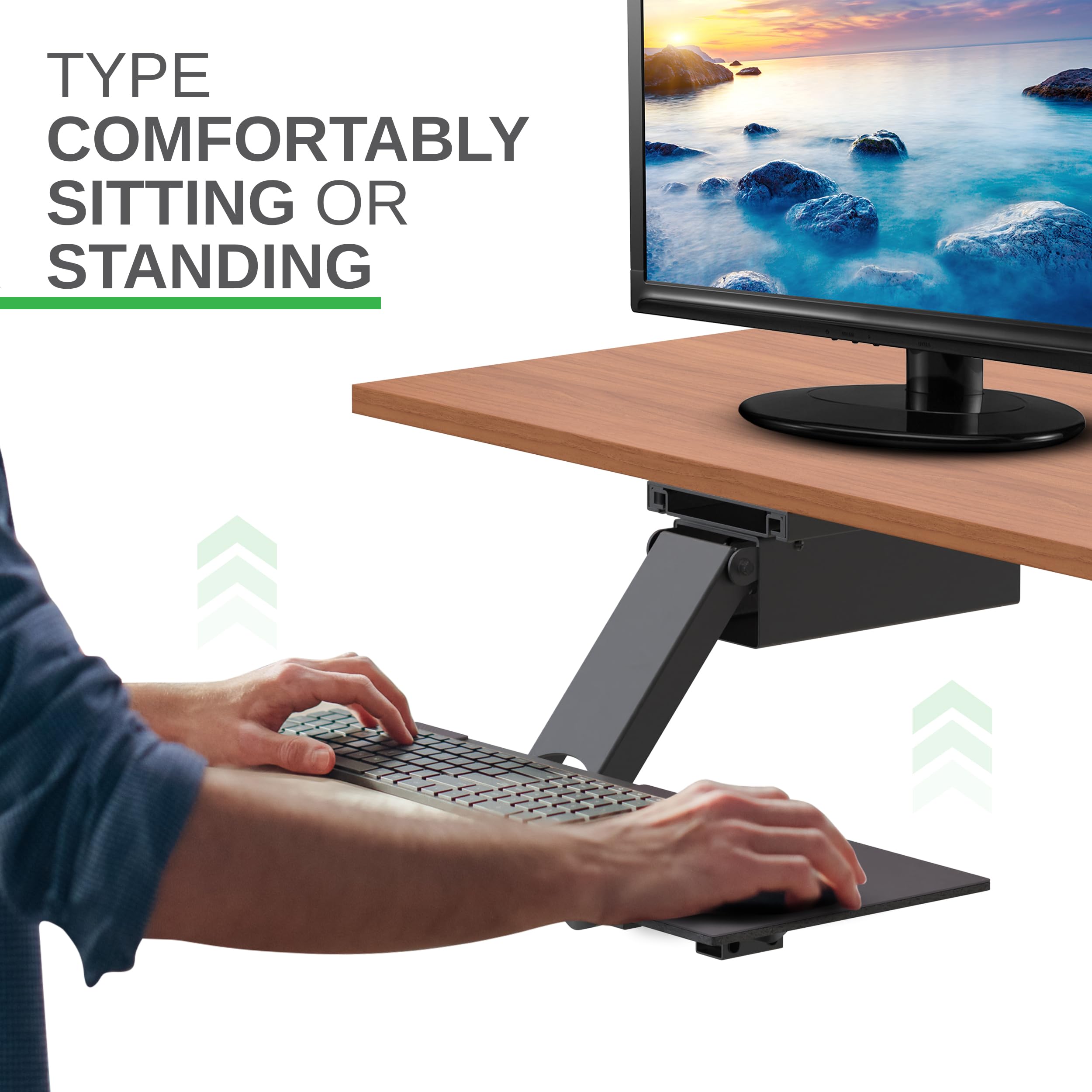 KT2-b Adjustable Under Desk Keyboard Tray - Ergonomic Sit to Stand Workstation with Negative Tilt & Angle Adjustment - Perfect for Home Office, Standing Desks & Computer Workstations