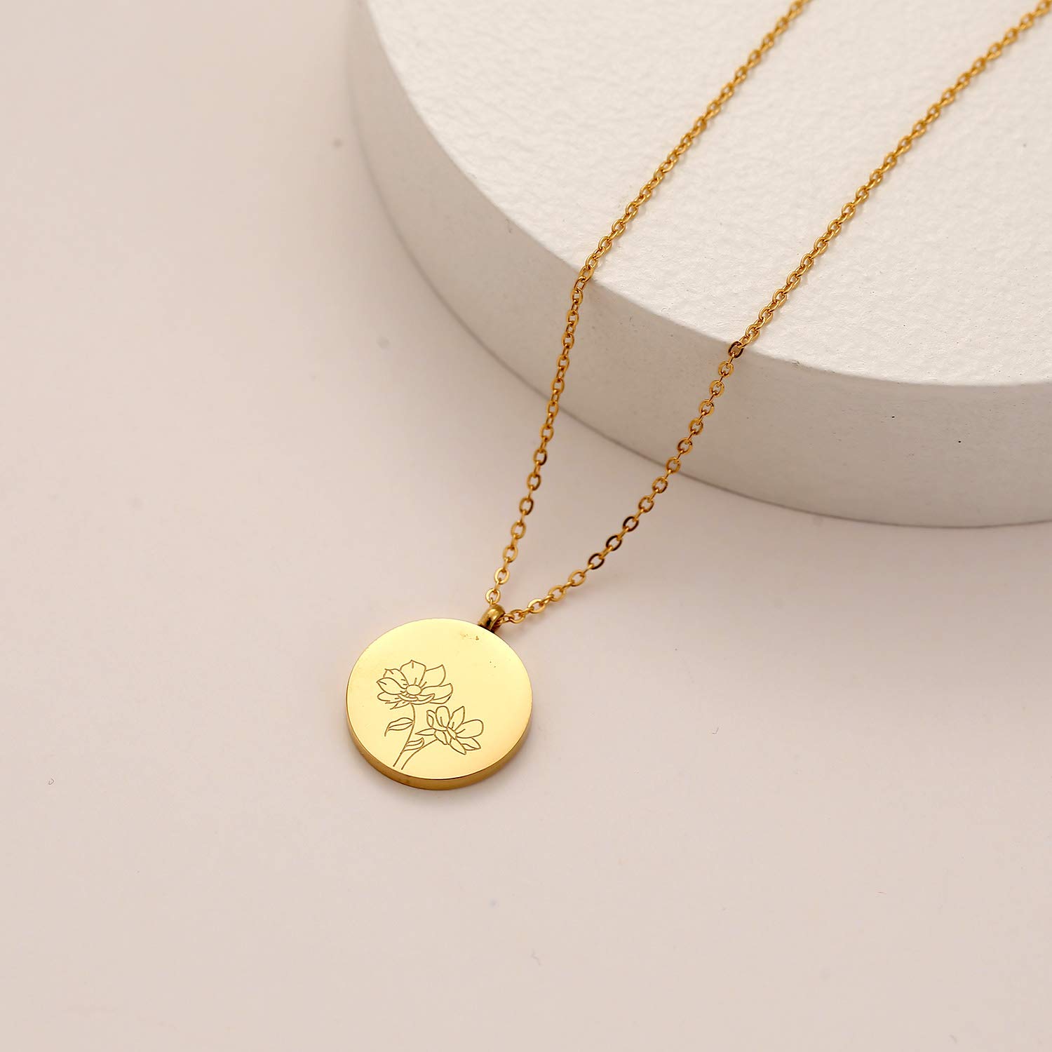 Birth Month Flower Necklace for Women - Dainty Gold Coin Pendant with Engraved Floral Design - Stainless Steel Jewelry Gift for Her - Perfect for Birthdays, Anniversaries & Special Occasions