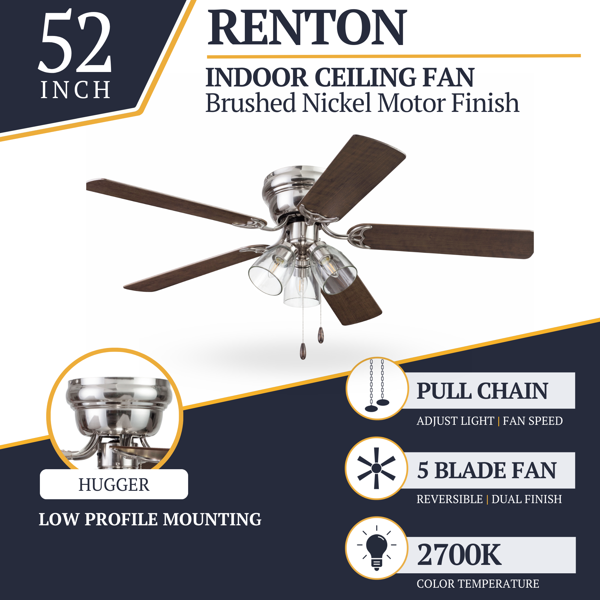 52 Inch Renton Brushed Nickel Ceiling Fan with Pull Chain - Perfect for Living Rooms, Bedrooms, and Outdoor Spaces