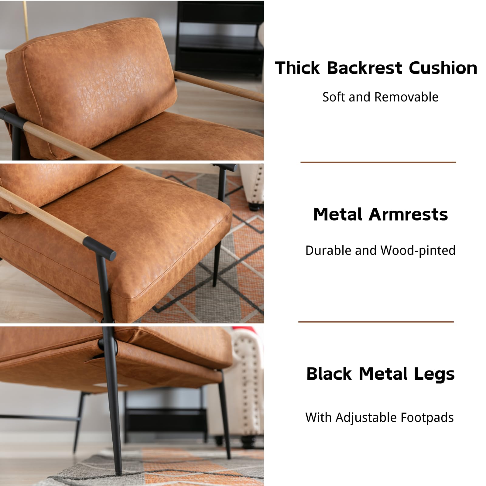 HEAH-YO Modern Accent Chair - PU Faux Leather Living Room Armchair with Sturdy Metal Legs & Backrest - Comfortable Reading Chair for Bedroom, Office or Lounge - Brown Home Decor Furniture for Small Spaces