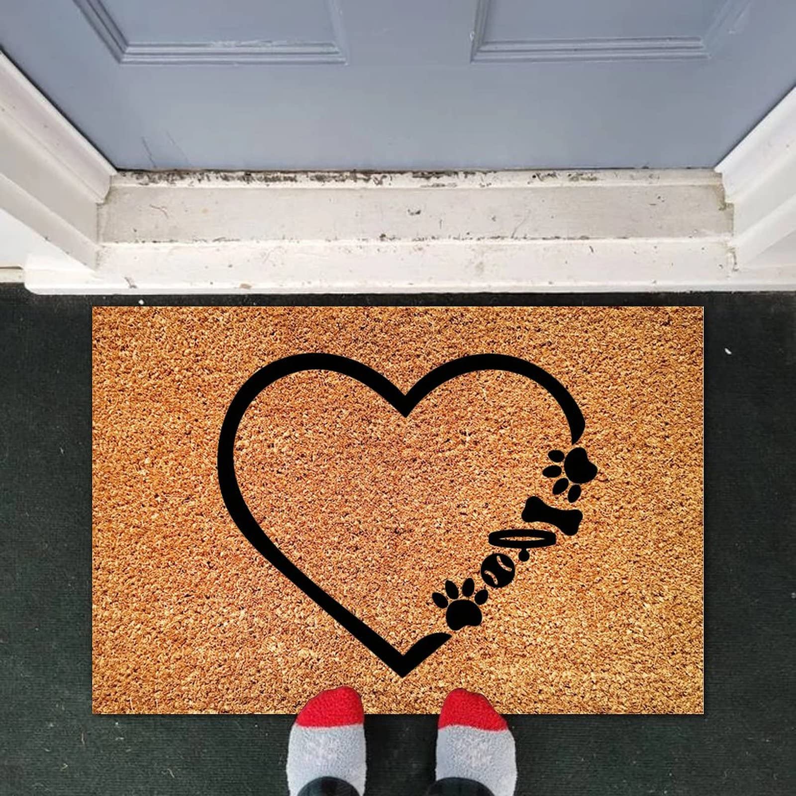 Natural Coir Doormat with Non-Slip Backing - Paw Print & Heart Design, Pet Lover's Welcome Mat for Indoor/Outdoor Use, Perfect for New Homeowners, Entryways, and Pet-Friendly Spaces