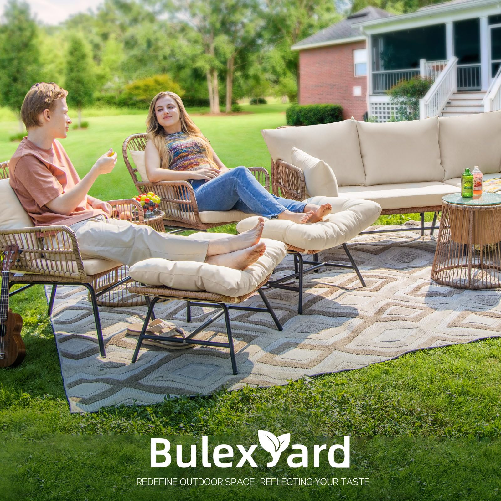 BULEXYARD 3-Piece Boho Outdoor Patio Furniture Set with Round Coffee Table - Natural Wicker Conversation Chairs with Beige Cushions for Backyard, Porch, Balcony & Deck | Perfect for Relaxing, Entertaining & Outdoor Gatherings