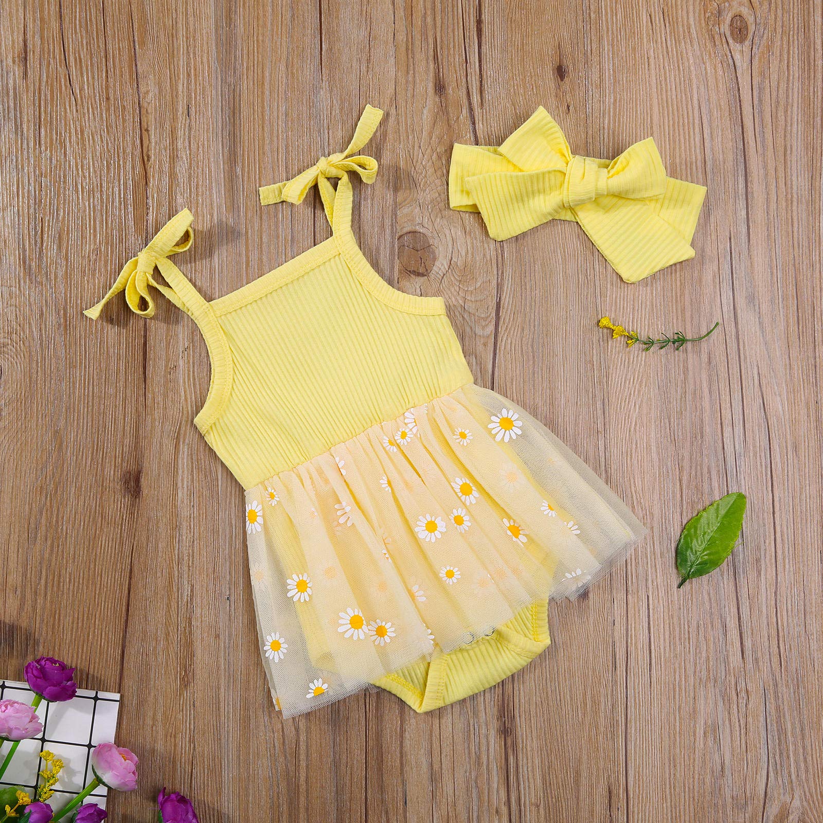 Newborn Baby Girl Daisy Print Romper with Tulle Tutu Dress & Headband - Cute Summer Sunsuit Outfit for Photoshoots, Parties & Special Occasions
