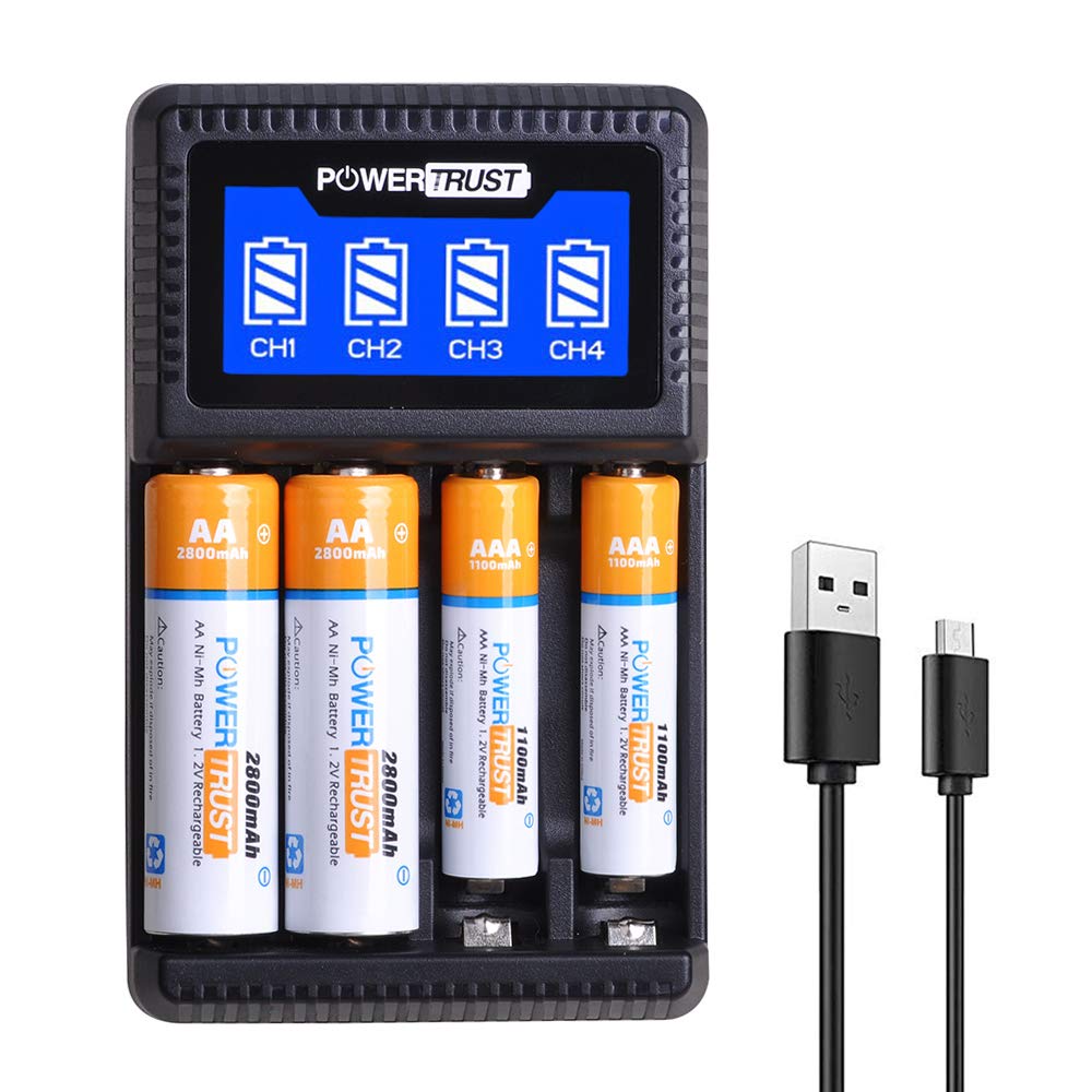 4-Pack 2800mAh AA Rechargeable Batteries with LCD USB Charger for AA/AAA Ni-MH Batteries | 4-Slot Fast Charging | Perfect for Cameras, Toys, Flashlights & Electronics