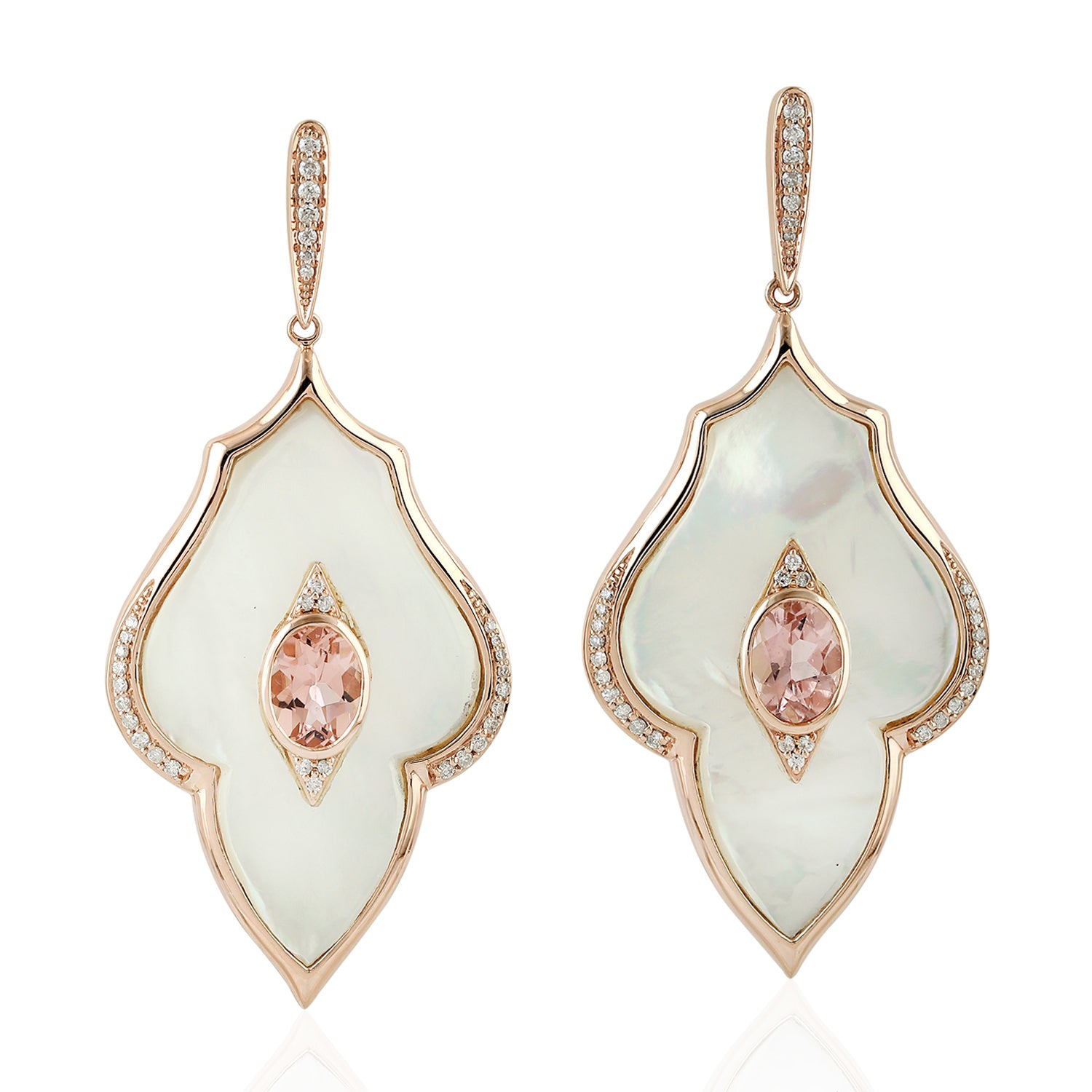 18K Rose Gold Mother of Pearl Oval Cut Pink Tourmaline Pave Diamond Dangle Earrings - Elegant Jewelry for Weddings, Parties & Special Occasions