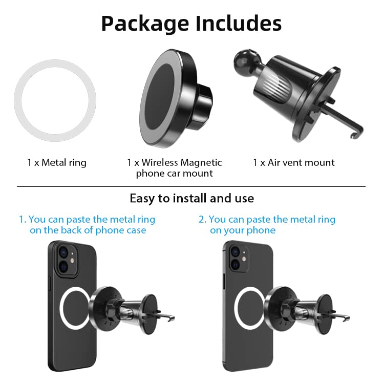 15W Magnetic Car Phone Mount Wireless Charger - Fast Charging Compatible with iPhone, Samsung, Huawei - 360° Adjustable Vent Mount for Safe Driving & Hands-Free Navigation