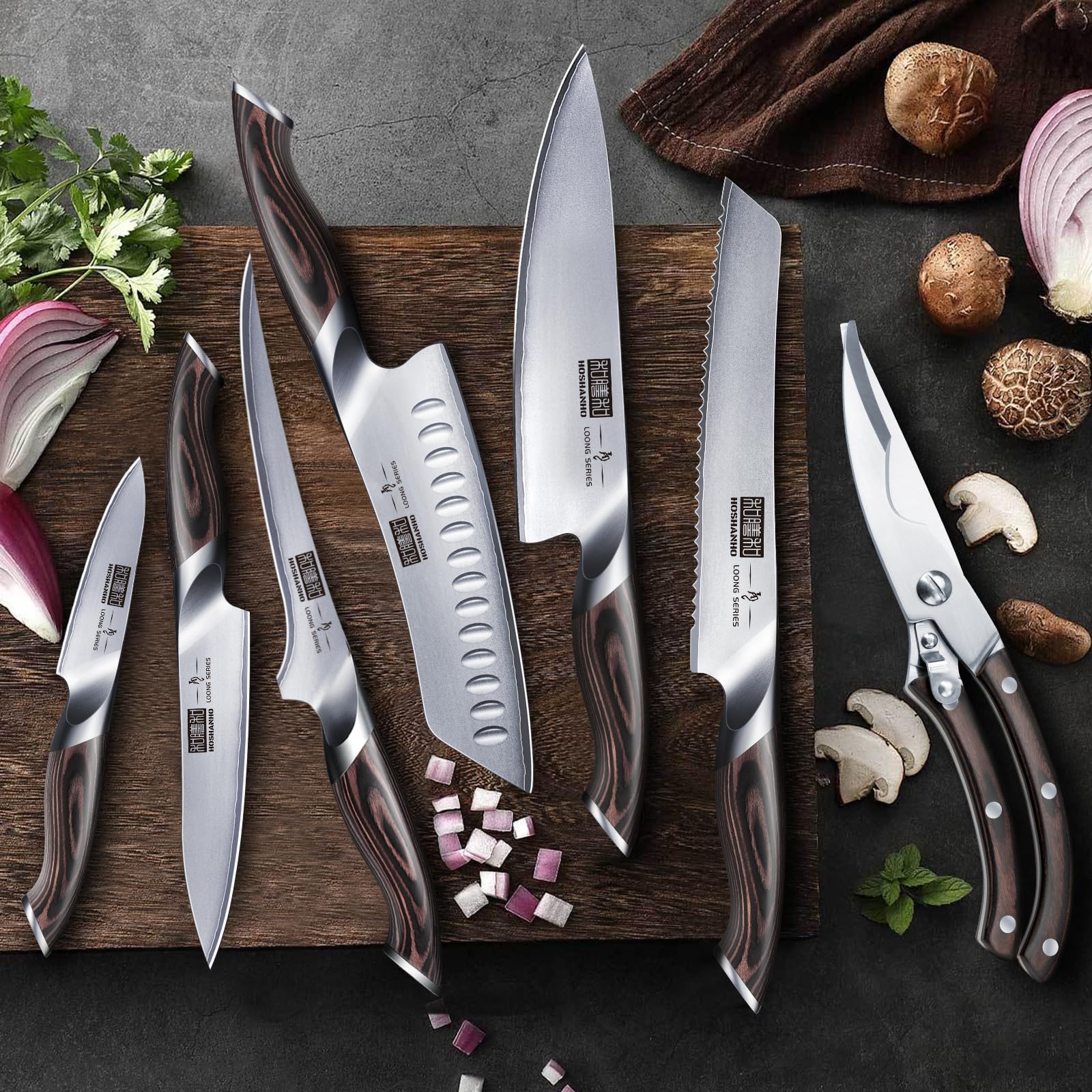 8-Piece Japanese High Carbon Super Steel Kitchen Knife Set with Wooden Block - Ultra Sharp Professional Chef Knives & Scissors for Cooking, Slicing, and Food Prep