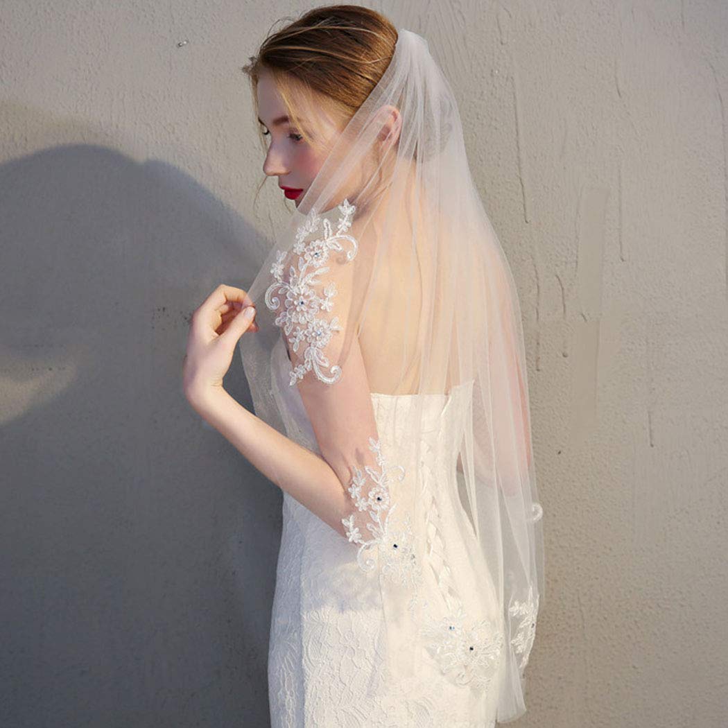 Crystal Embroidered Wedding Veil - 1 Tier Short Hip Length Bridal Veil with Lace Applique | Soft Tulle Hair Accessory for Women & Girls (White) | Perfect for Church Weddings, Beach Ceremonies & Photo Shoots