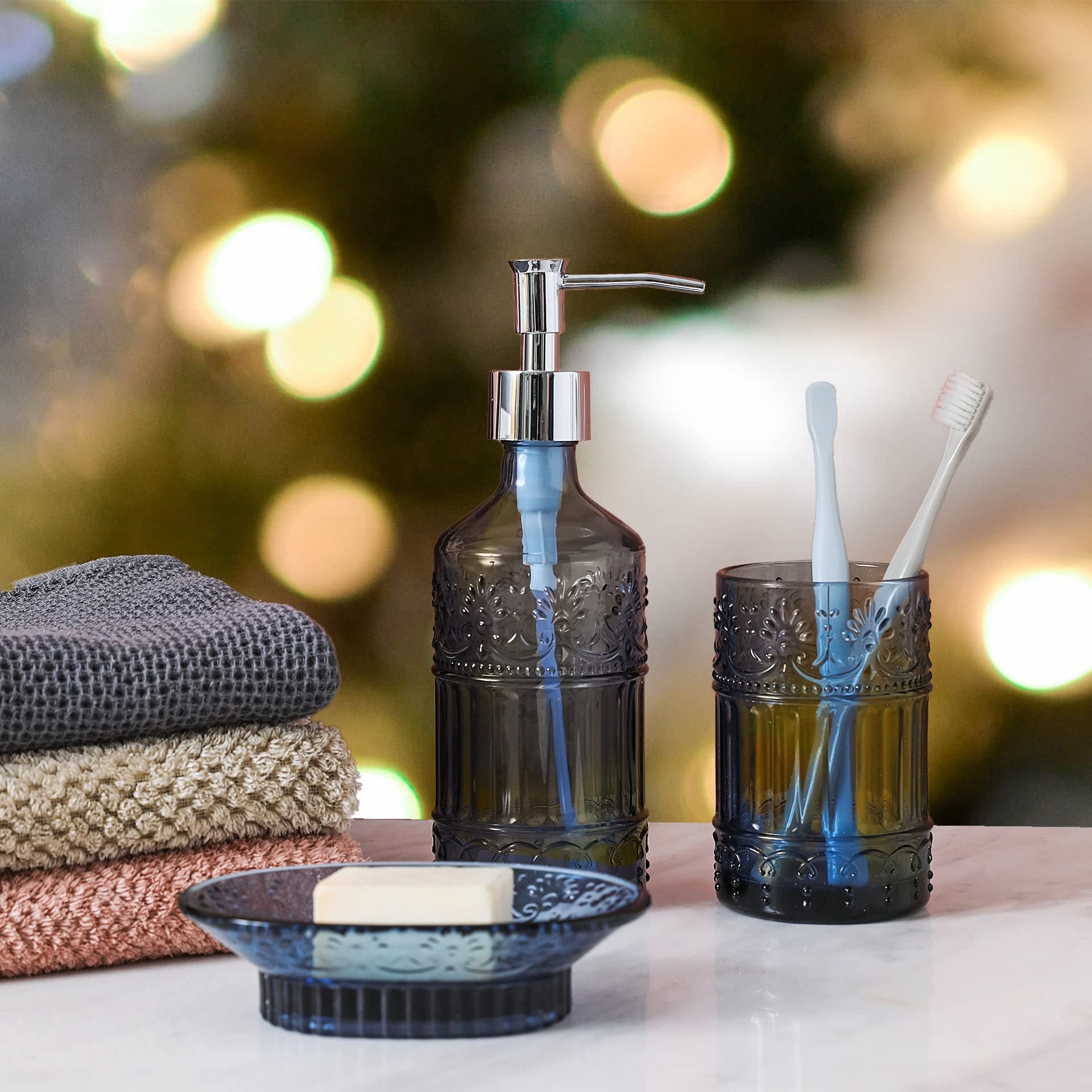 4-Piece Blue Glass Bathroom Accessories Set - Soap Dispenser, Toothbrush Holder, Vanity Tray & Jar - Elegant Boho Style Countertop Organizer for Bathroom Decor - Perfect for Modern, Farmhouse or Coastal Style Homes