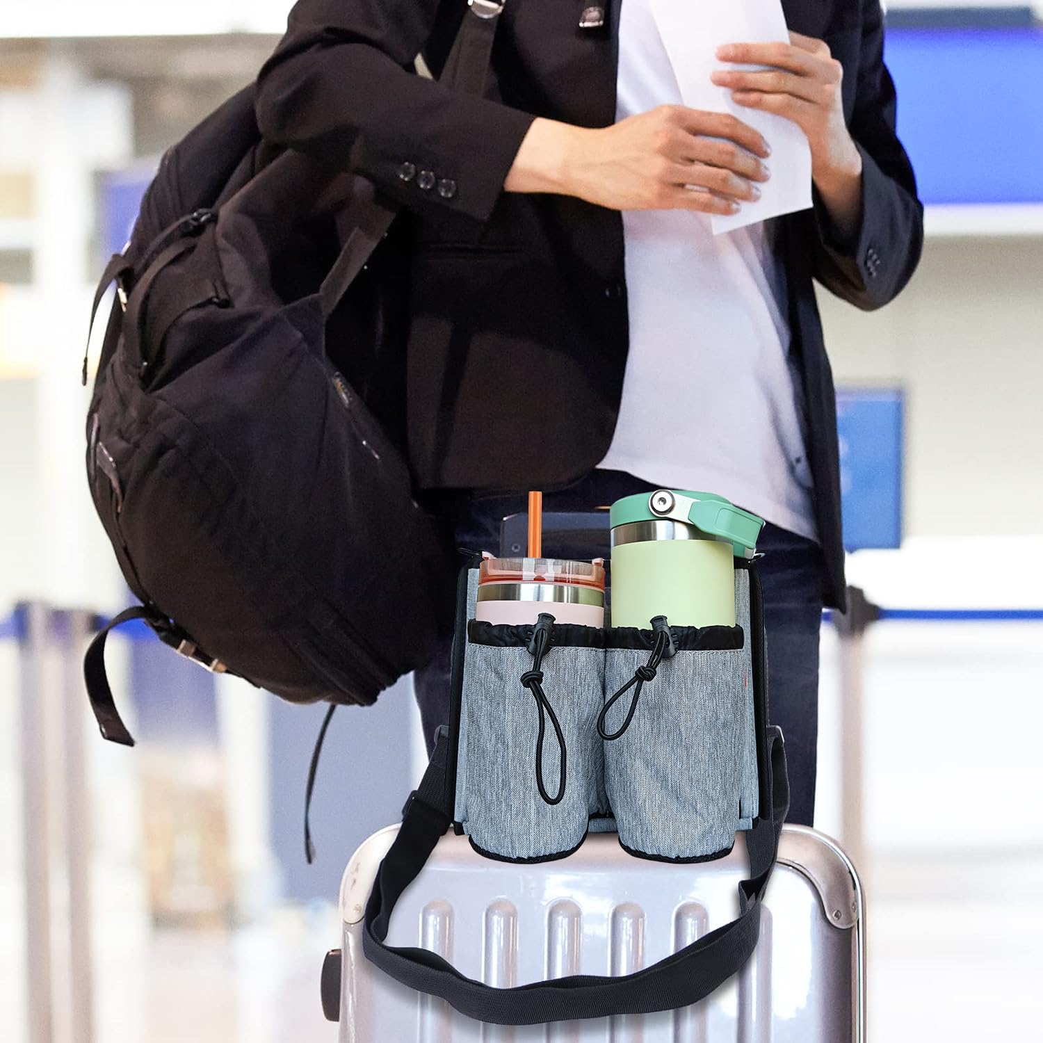 **Hands-Free Suitcase Cup Holder - Travel Drink Holder for Luggage | Must-Have Travel Accessory for Men & Women | Perfect Gift for Frequent Travelers | Use on Airports, Road Trips & Vacations**