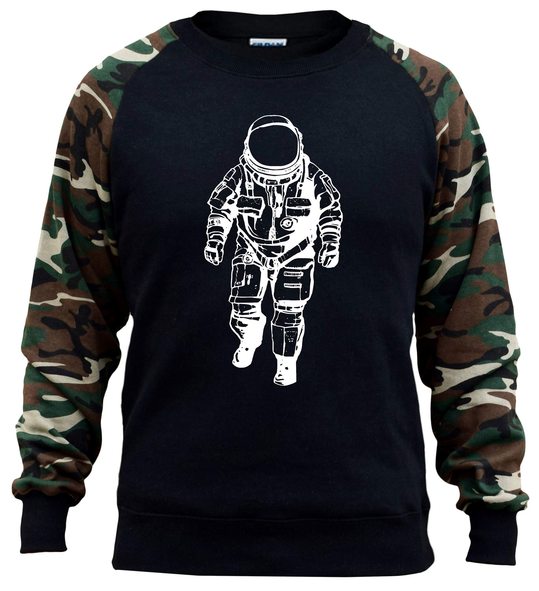 Koyotee Men's Astronaut Print Black & Camo Raglan Baseball Sweatshirt - Comfortable Long Sleeve Pullover for Casual Wear, Street Style & Outdoor Activities