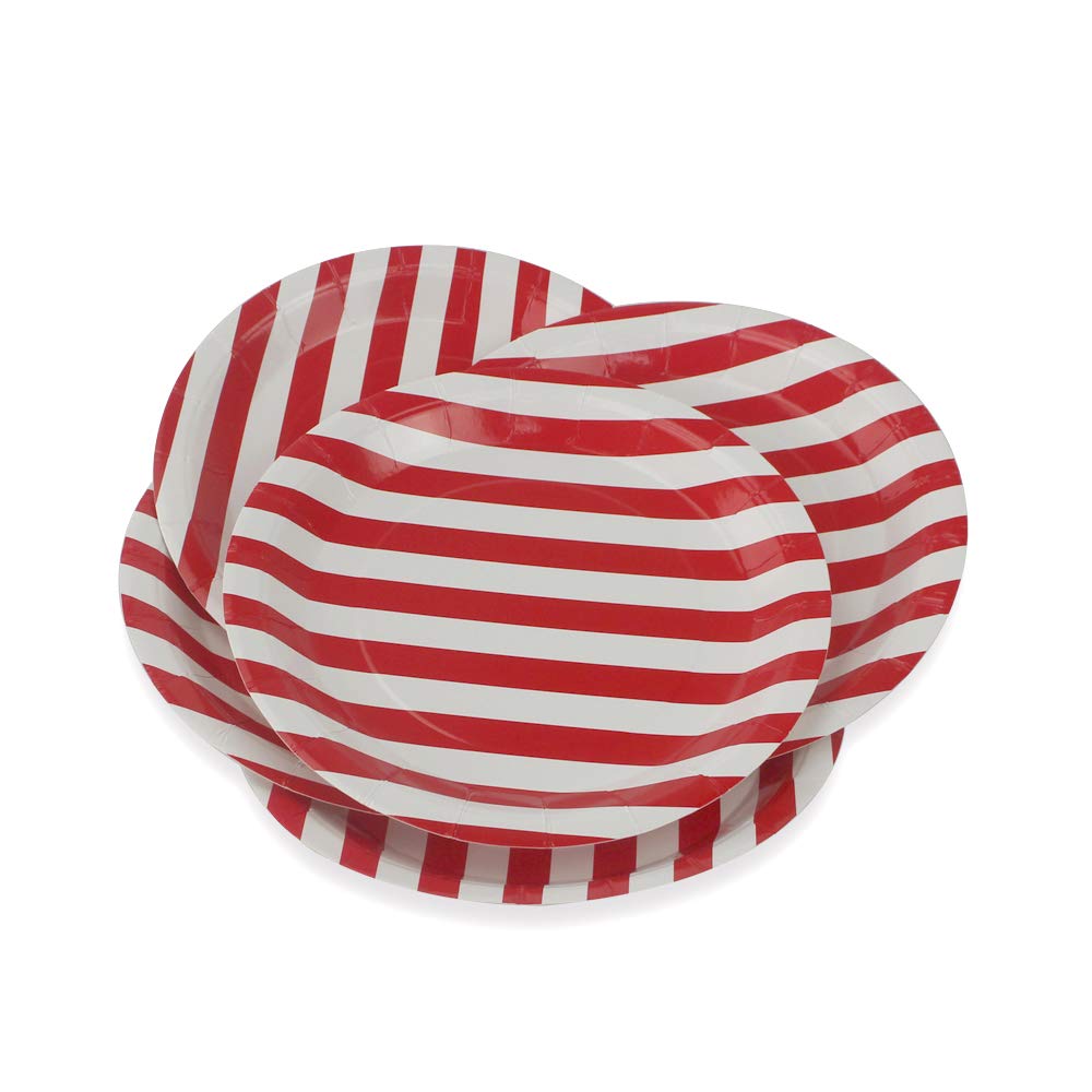 Eco-Friendly 9 Inch Red Stripe Paper Plates - 36 Pack Biodegradable Round Disposable Plates for Party, Birthday, Wedding, Picnic | Perfect for Cakes, Desserts, Snacks & Fruits Serving
