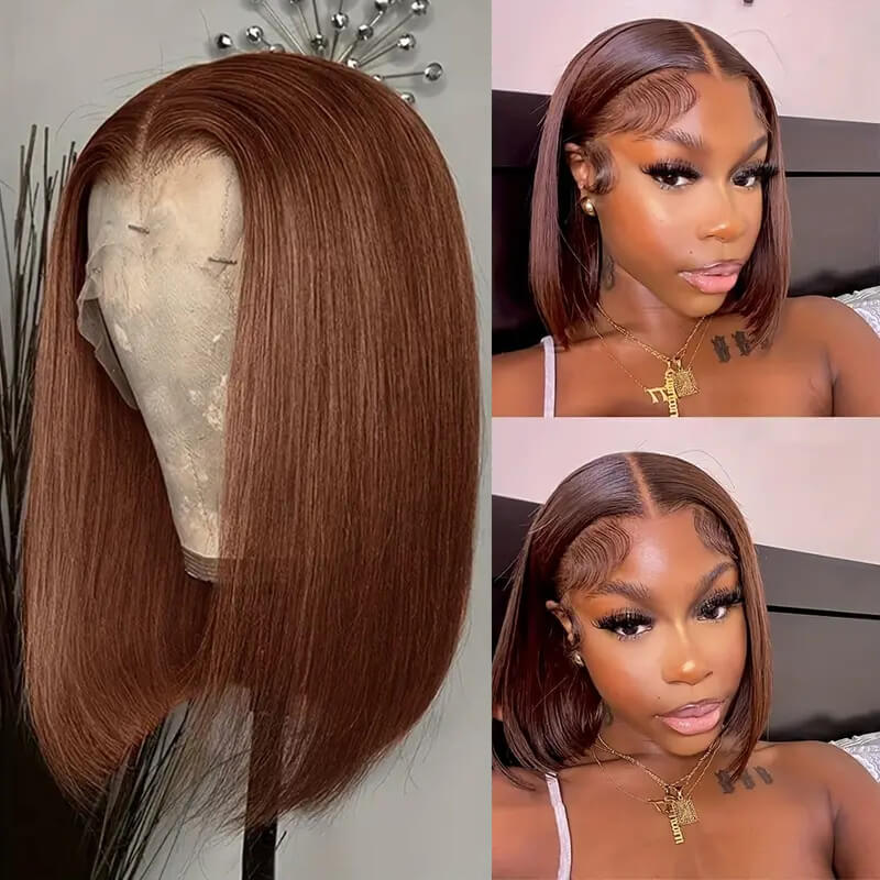 Eullair Short Bob Wigs 13x4 Lace Front Human Hair Wig - Pre-Colored Burgundy Highlight Straight Hairpiece for Women | Perfect for Daily Wear, Cosplay & Special Occasions