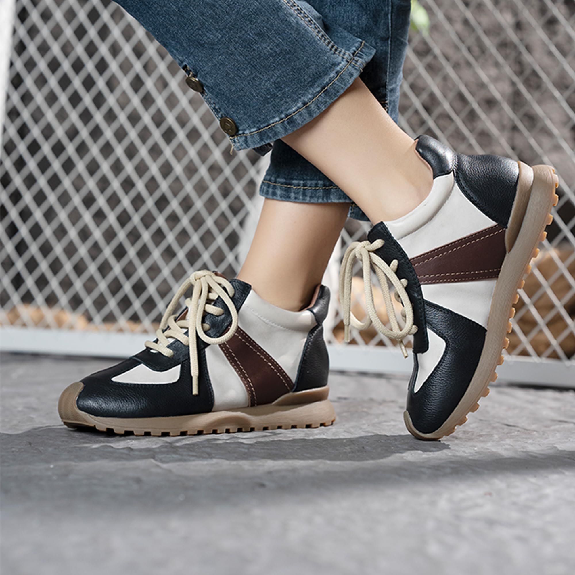 Women's Genuine Leather Casual Walking Sneakers - Patchwork Lace Up Fashion Shoes for Comfort & Durability | Slip On Tennis Running Shoes for Outdoor Activities | Trendy Unisex Sneakers for Daily Wear, Workouts & Street Style