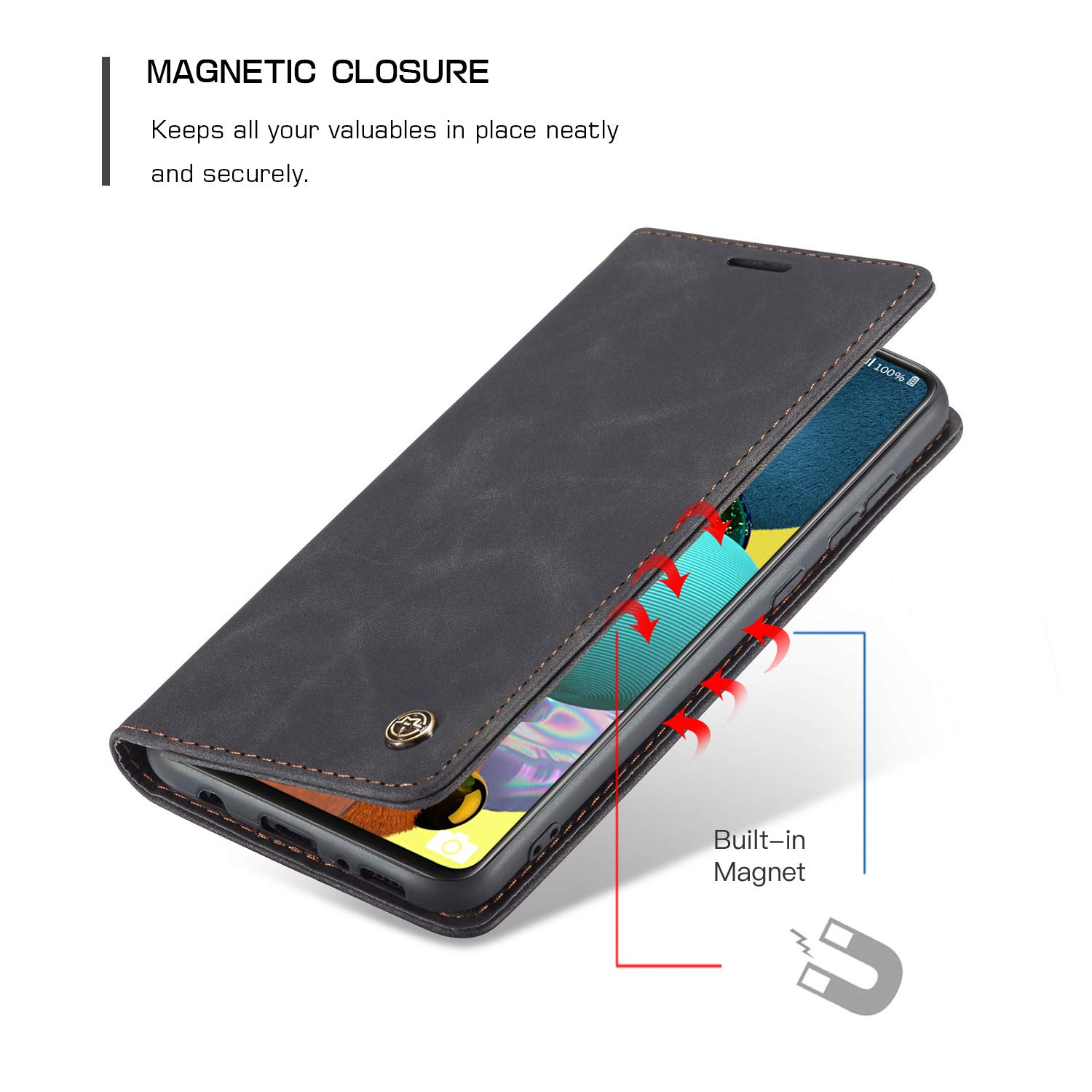 Samsung Galaxy A51 5G Leather Wallet Case with Card Holder & Kickstand - Magnetic Flip Cover for 6.5 Inch Phone (Black) | Perfect for Work, Travel & Daily Protection