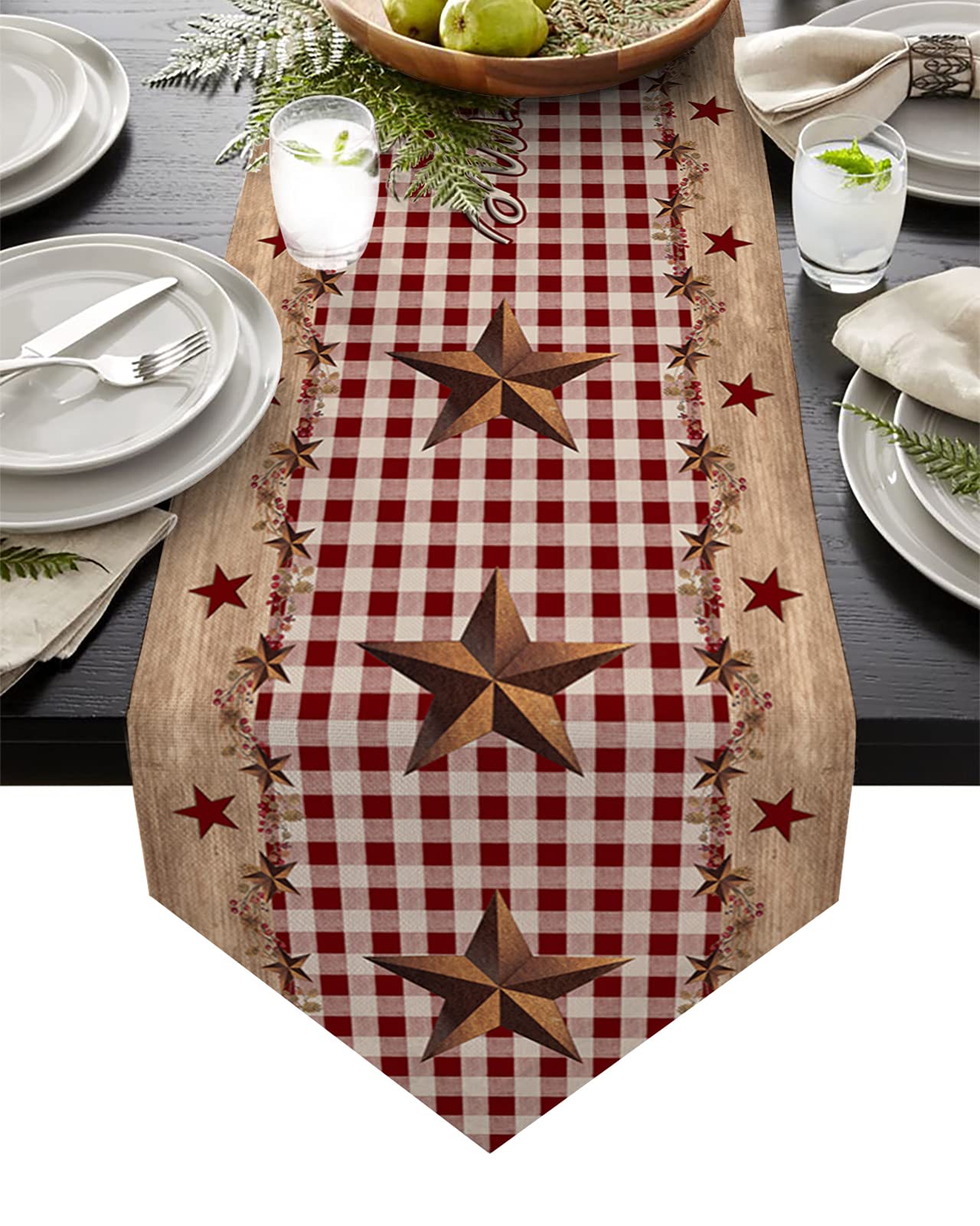 Farmhouse Country Star Burlap Table Runner 120 Inches Long - Elegant Dining Table Decor for Kitchen, Party, Wedding & Banquets | Rustic Table Setting for Thanksgiving, Christmas & Holiday Gatherings