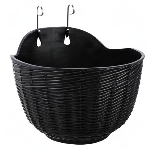 DOITOOL Black Plastic Rattan Wall Hanging Planter Basket - Half Moon Self Watering Flower Pot for Indoor/Outdoor Plants - Perfect for Porch, Balcony, Fence & Garden Decor