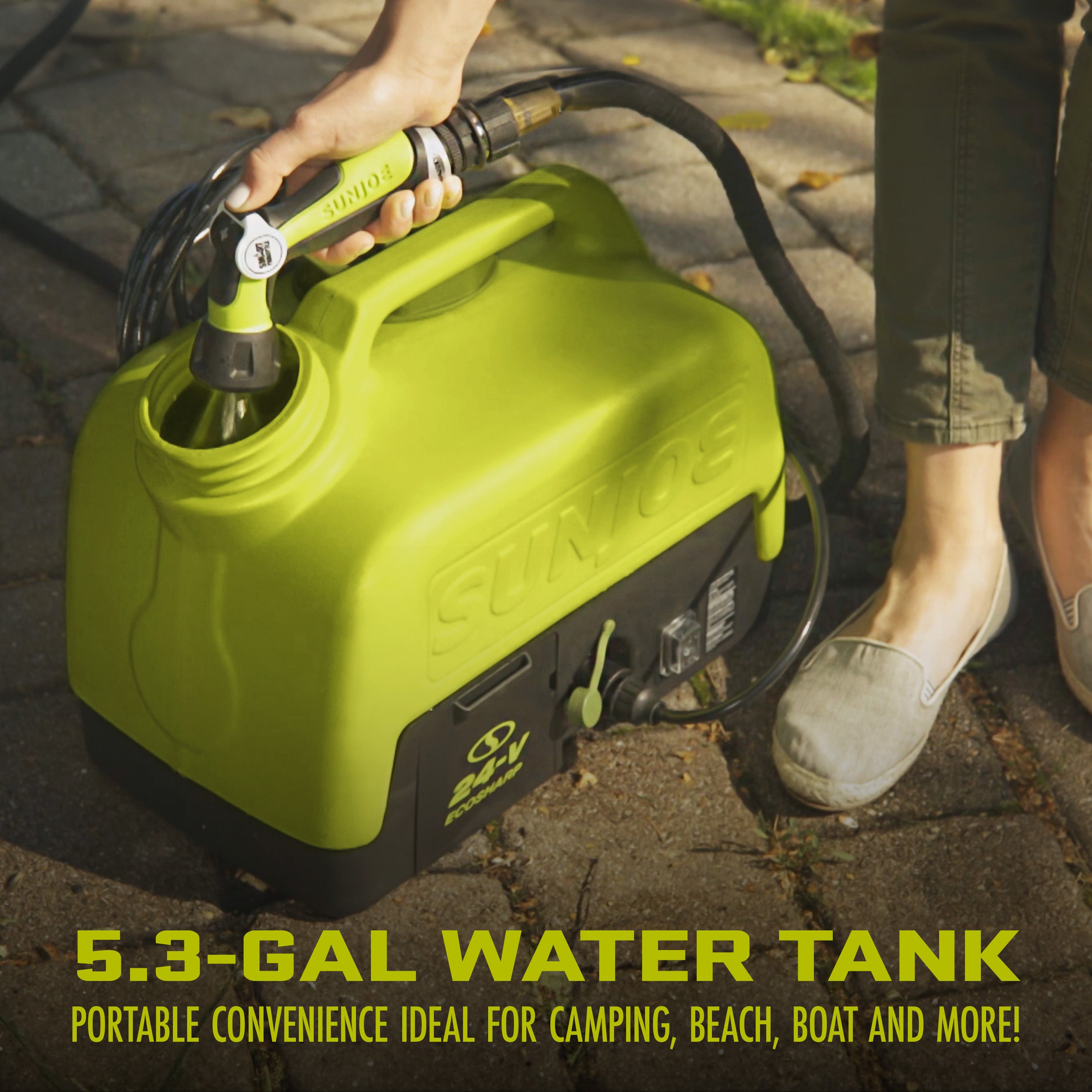 Sun Joe WA24C LTE 24V Cordless Portable Pressure Washer Kit - 5 Gallon Tank, 116 PSI Max, 1.5 GPM - Includes 2.0Ah Battery & Charger - Perfect for Outdoor Cleaning, Car Washing, Camping & RV Use