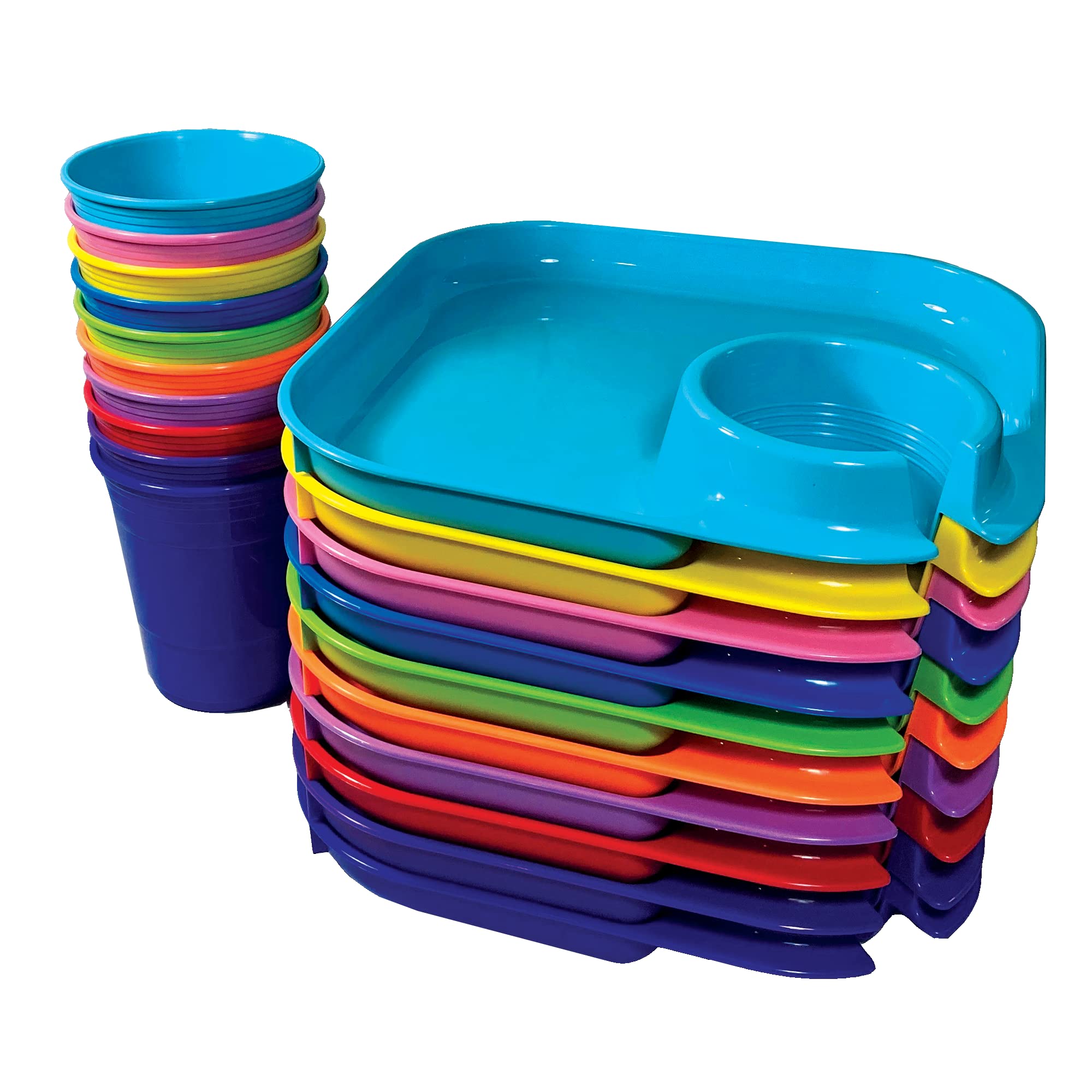 Reusable Plastic Plates with Built-In Cup Holder - Set of 10 Party Plates for Kids & Adults | Durable Food Serving Trays for BBQs, Camping, Picnics, Tailgating & Outdoor Events