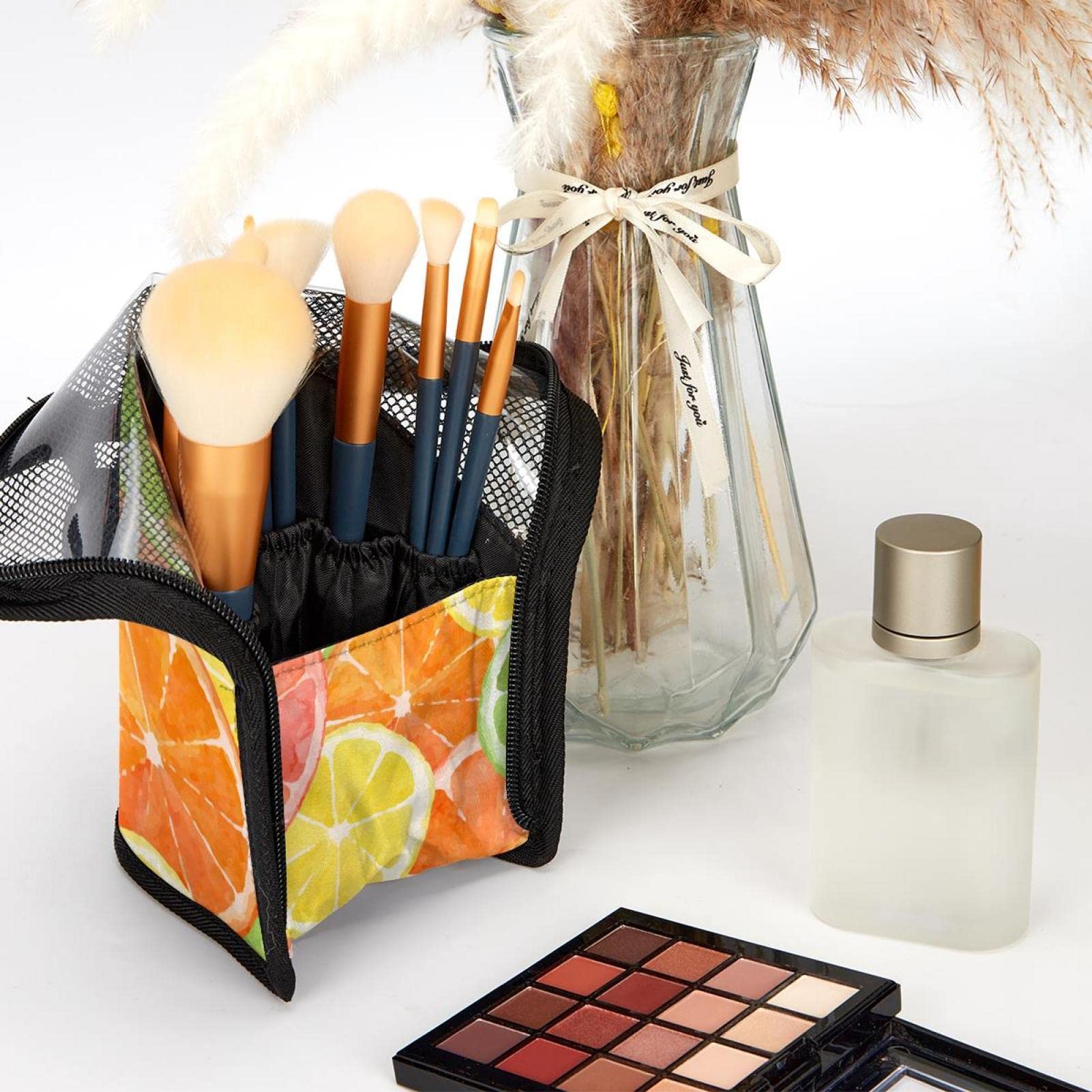 12-Piece Makeup Brush Organizer Bag Set with Watercolor Orange & Lemon Design - Portable Travel Cosmetic Brush Holder Case for Professional Makeup Artists & Beauty Enthusiasts - Perfect for Home, Travel, and Salon Use