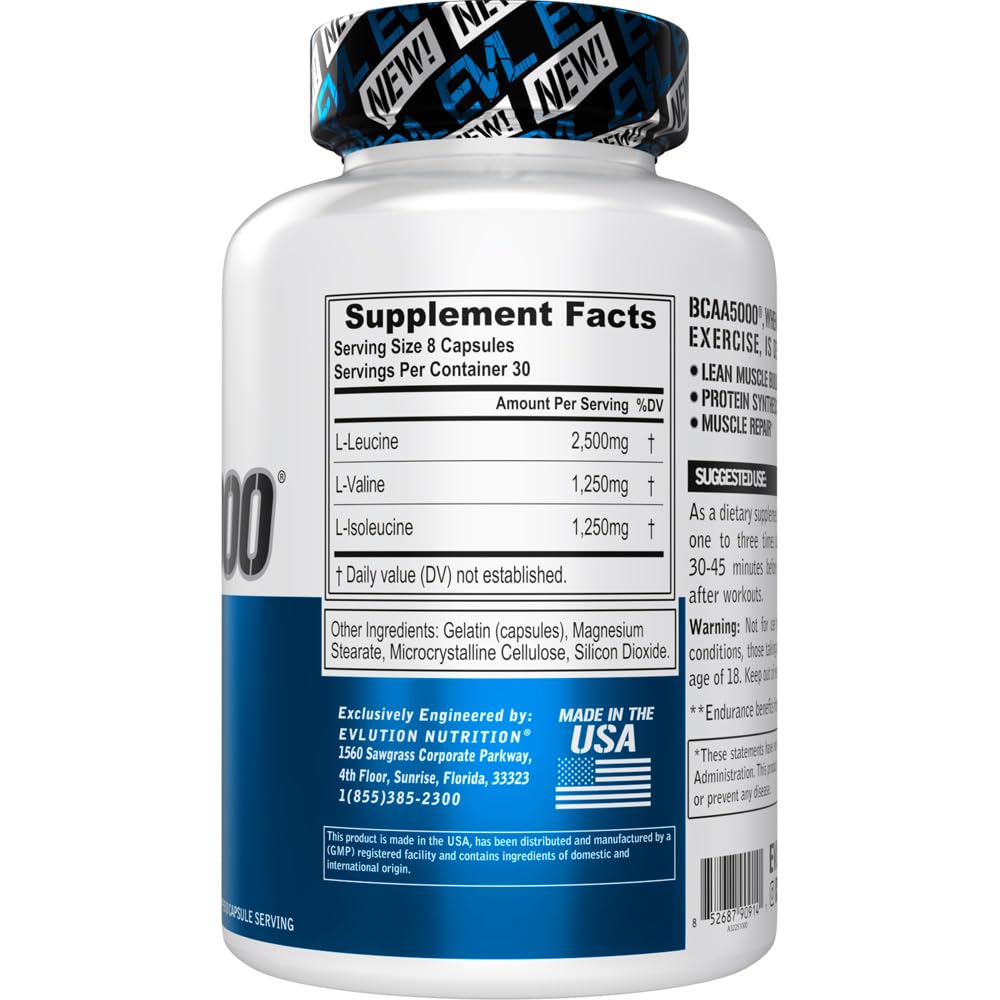 EVL BCAA5000 Branched Chain Amino Acids Supplement for Men - 2:1:1 Ratio 5g BCAA Capsules for Post Workout Recovery, Lean Muscle Growth & Energy Boost - 30 Servings (Ideal for Gym, Fitness Training & Bodybuilding)