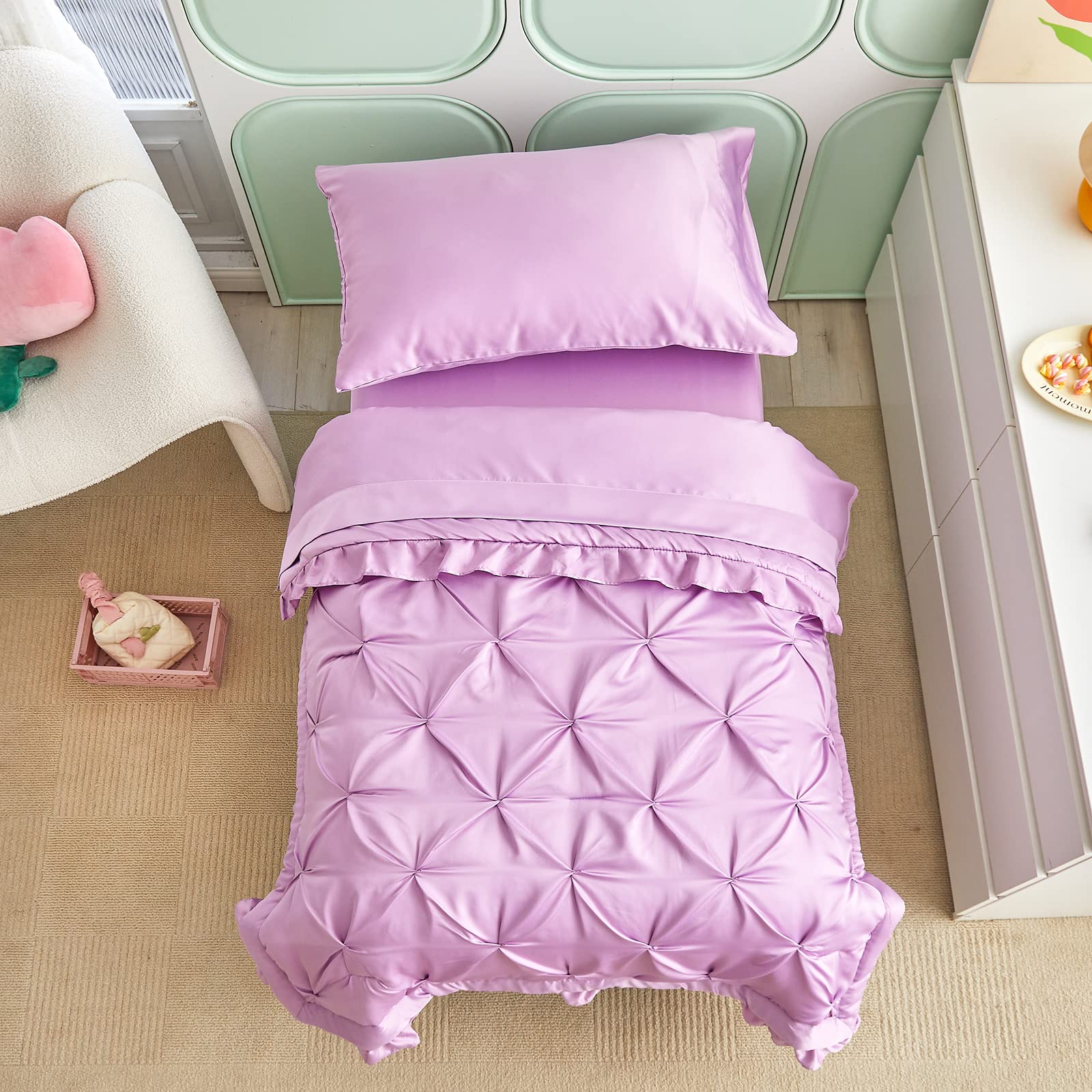 4-Piece Pinch Pleated Toddler Bedding Set with Ruffle Fringe - Solid Purple Unisex Pintuck Crib Sheets for Baby Boys & Girls (Comforter, Flat Sheet, Fitted Sheet, Pillowcase) - Soft Nursery Bedding for Cozy Sleep & Playtime