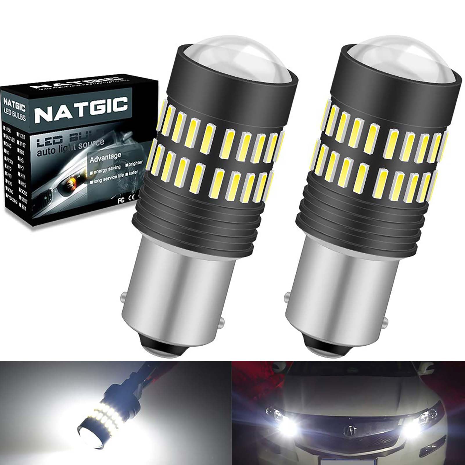 1156 BA15S 7506 1095 1141 LED Bulbs - 2400LM Super Bright 48-SMD 4014 LED Chipsets with Projector Lens - Xenon White Backup Lights for Reverse, Tail, Brake, RV Lights (Pack of 2) - Perfect for Trucks, SUVs, Trailers & Marine Vehicles