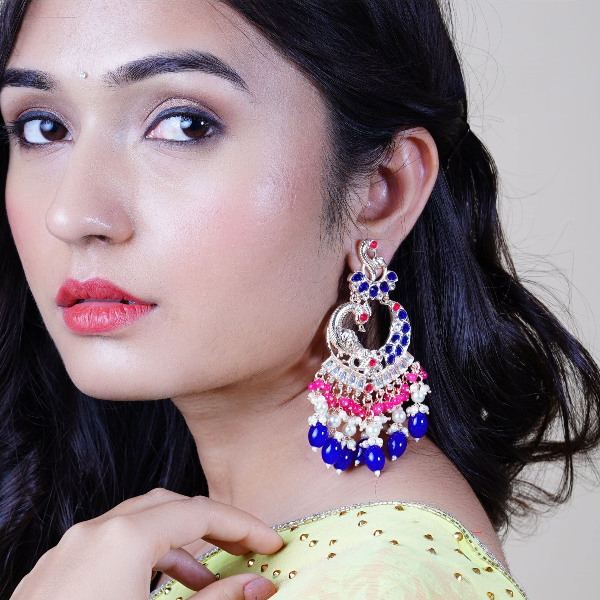 LoveNspire Oversized Indian Jhumka Earrings for Women - Peacock Chandbali Kundan & Faux Pearl Dangle Earrings, Ethnic Bollywood Style Jewelry for Parties, Weddings & Festive Occasions