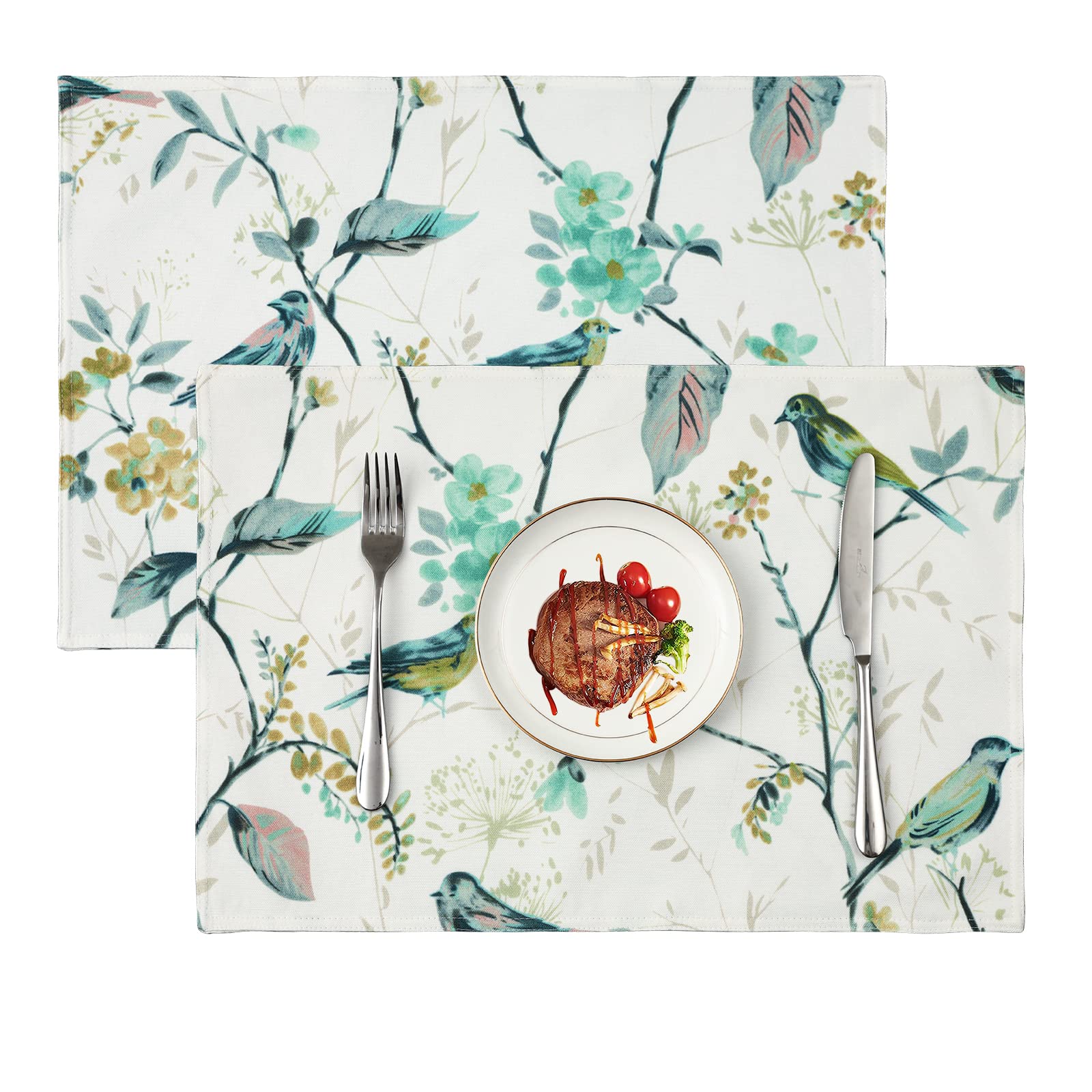 VOGOL 2-Pack Green & White Bird Print Placemats - Stain Resistant, Washable Fabric Table Mats (13