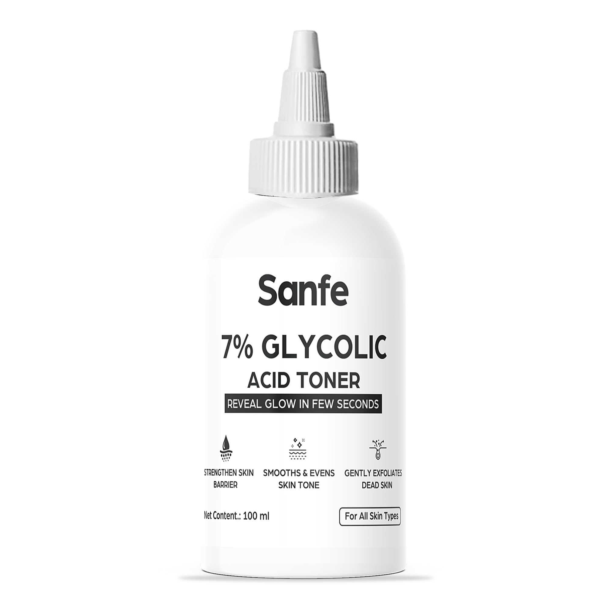 Sanfe 7% Glycolic Acid Exfoliating Toner for Face & Body - Brightens Skin, Reduces Dark Spots & Improves Texture | Gentle Chemical Exfoliator for Glowing Skin | Perfect for Daily Use on Face, Underarms & Scalp | 100ml