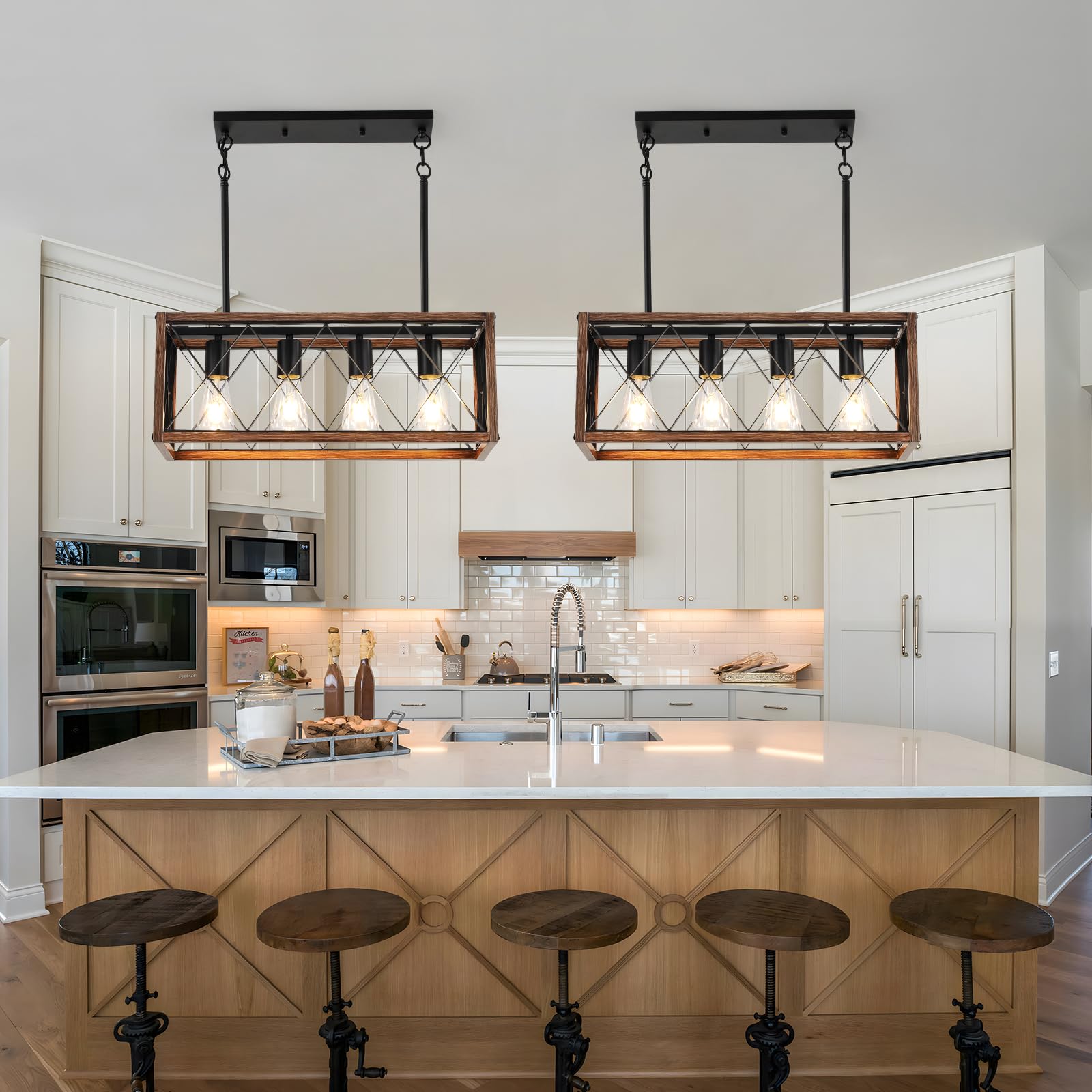 SEEBLEN Farmhouse Pendant Light Fixture - 39 Inch Adjustable Height, 4-Light Wood Grain Finish Chandelier for Dining Room, Kitchen Island & Bar | Rustic Lighting for Farmhouse Decor, Breakfast Nook & Kitchen Sink Area