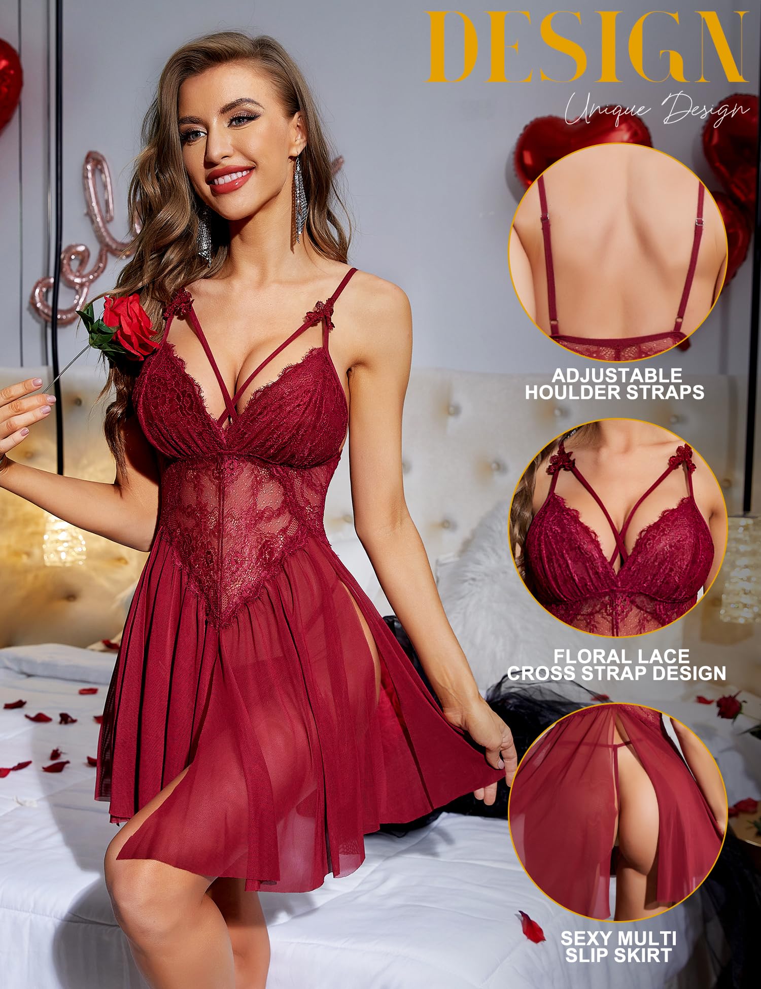 RSLOVE Women's Sexy Lace Babydoll Chemise - V-Neck Mesh Lingerie Nightgown Sleepwear for Valentine's Day & Romantic Nights