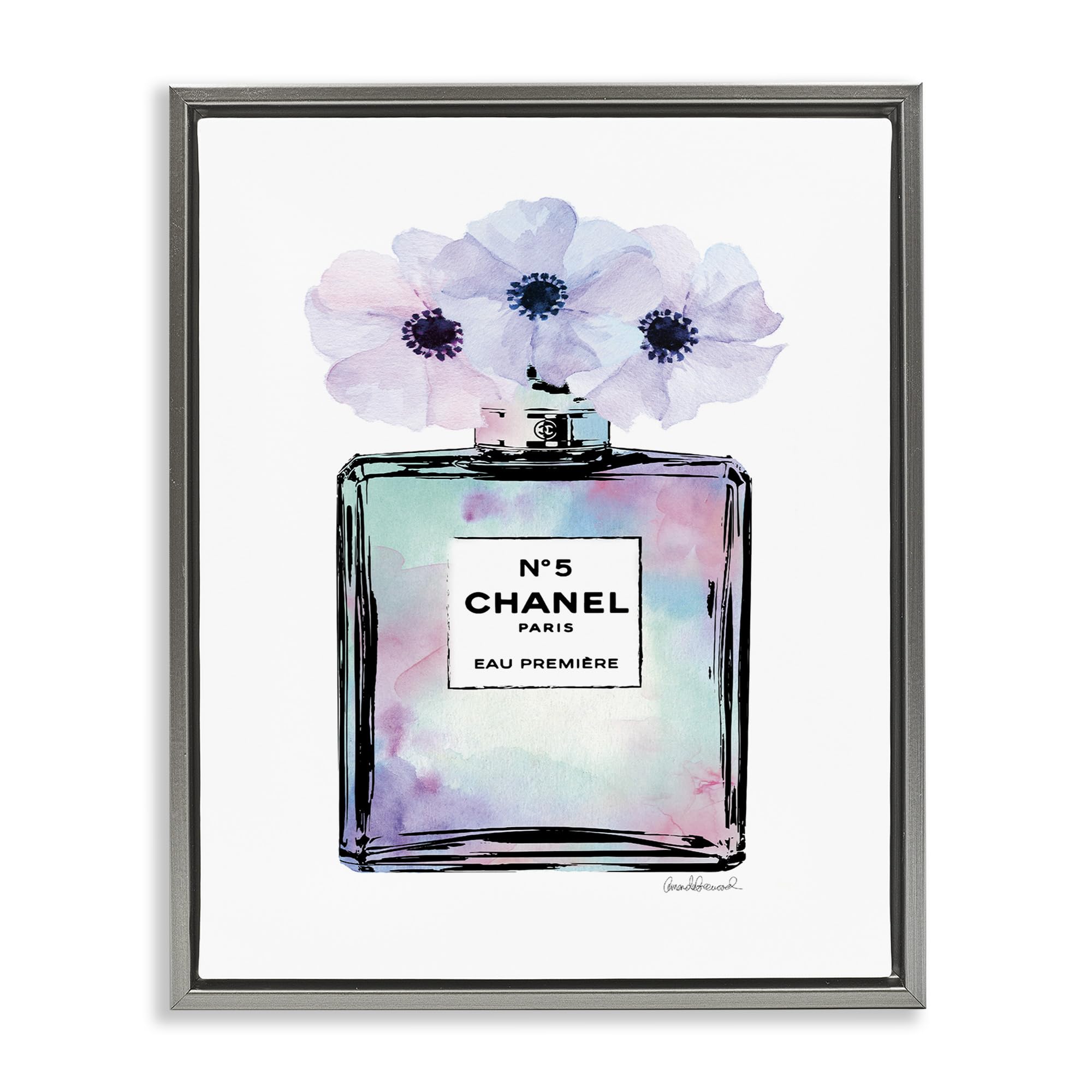 Stupell Industries Purple Flower Perfume Glam Fashion Wall Art - Floater Frame Canvas Print by Amanda Greenwood - Elegant Home Decor for Living Room, Bedroom & Office