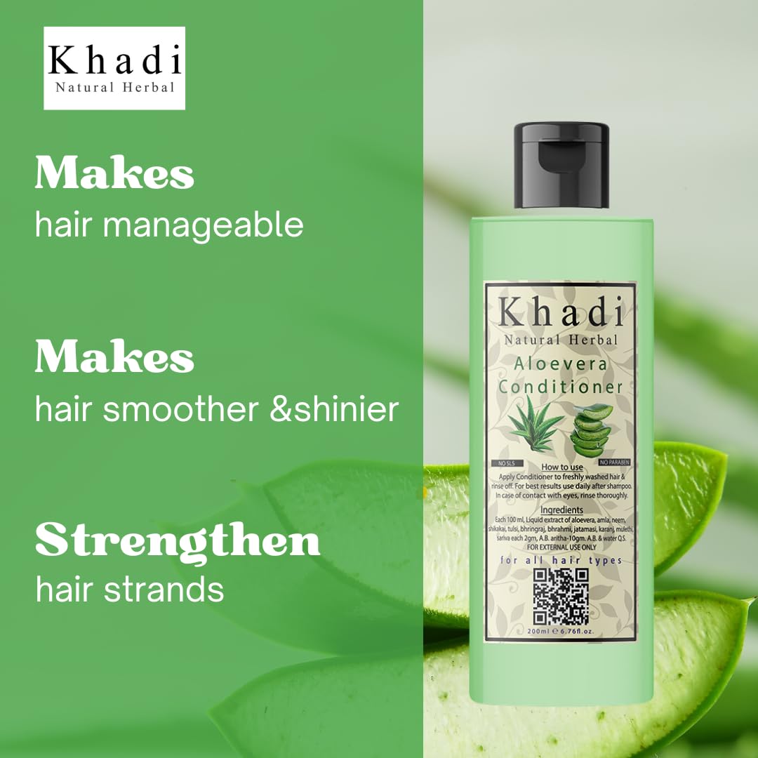 Khadi Natural Herbal Aloe Vera Hair Conditioner for Hair Growth & Damage Repair - Sulfate-Free, Paraben-Free Formula for Curly, Dry & Frizzy Hair - Controls Hair Fall & Adds Shine (200ml, 1 Count) - Perfect for Daily Hair Care & Salon-Quality Results at Home