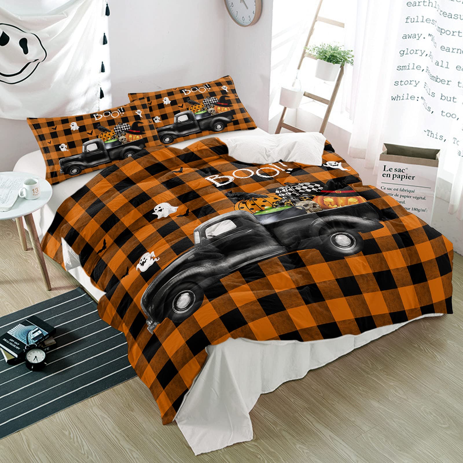 **Possta Decor 3-Piece Halloween Duvet Cover Set - Pumpkin Ghost Farm Truck Design, Soft Microfiber Quilt Cover & Pillowcases, Bat Retro Orange Buffalo Plaid Bedding Set for Twin Bed - Perfect for Fall Decor, Spooky Bedroom, and Seasonal Farmhouse Style**