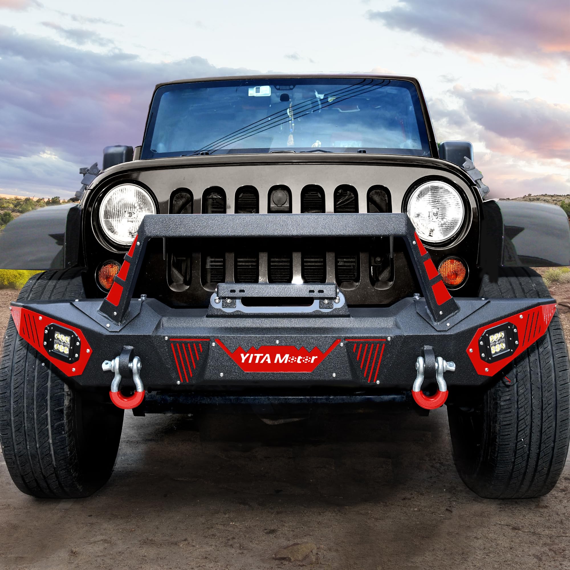 YITAMOTOR Heavy Duty Front Bumper for 2007-2018 Jeep Wrangler JK & JKU Unlimited - Rock Crawler Off-Road Bumper with Winch Plate, LED Lights, D-Rings & License Plate Bracket | Perfect for Off-Roading, Rock Crawling & Jeep Modifications