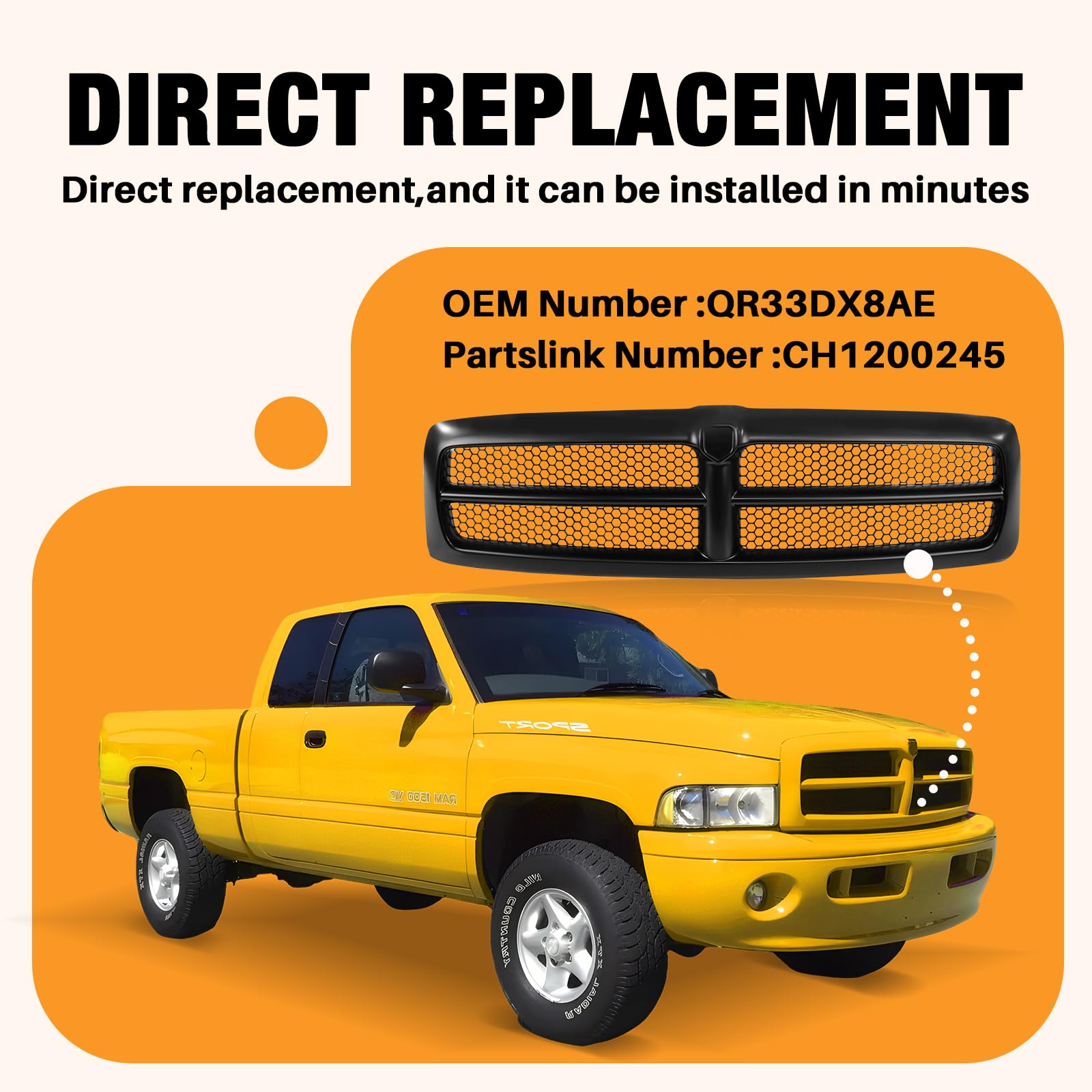 Matte Black Front Grille Assembly with Honeycomb Insert for Dodge Ram 1500/2500/3500 (1999-2002) - Compatible with Standard, Extended & Crew Cab Models - Upgrade Your Truck's Style for Off-Roading & Daily Driving