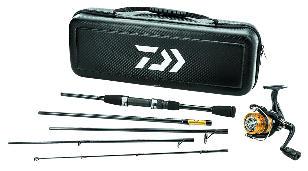 Daiwa Carbon Case Travel 5-Piece Spinning Rod and Reel Combo - Pre-Mounted Fishing Rod Set with Carbon Fiber Case - Perfect for Travel, Backpacking, and Saltwater Fishing Adventures