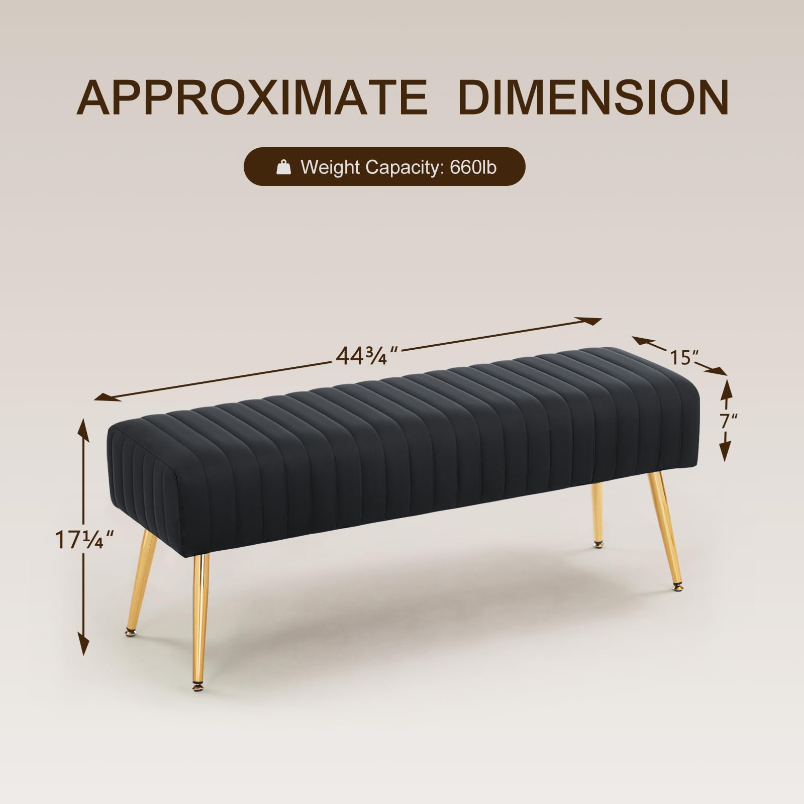 Furnimart 44 Inch Upholstered Ottoman Bench with Gold Legs - Black Storage Bench for Bedroom, Living Room, Dining Room & Entryway | Perfect for Seating, Storage & Home Decor