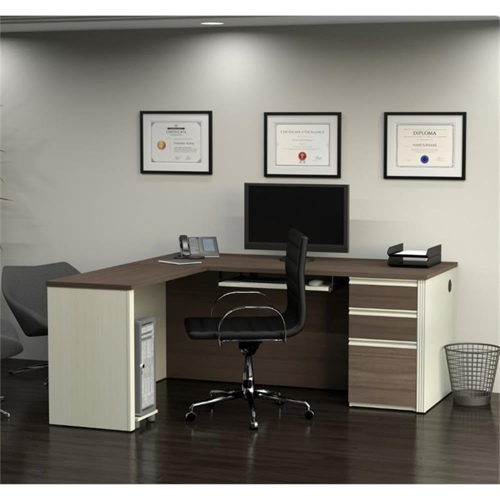 Modern White Chocolate & Antigua Wood L-Shaped Desk for Home Office - Stylish Computer Workstation with Ample Space for Laptops, Monitors & Office Supplies | Perfect for Small Spaces & Remote Work