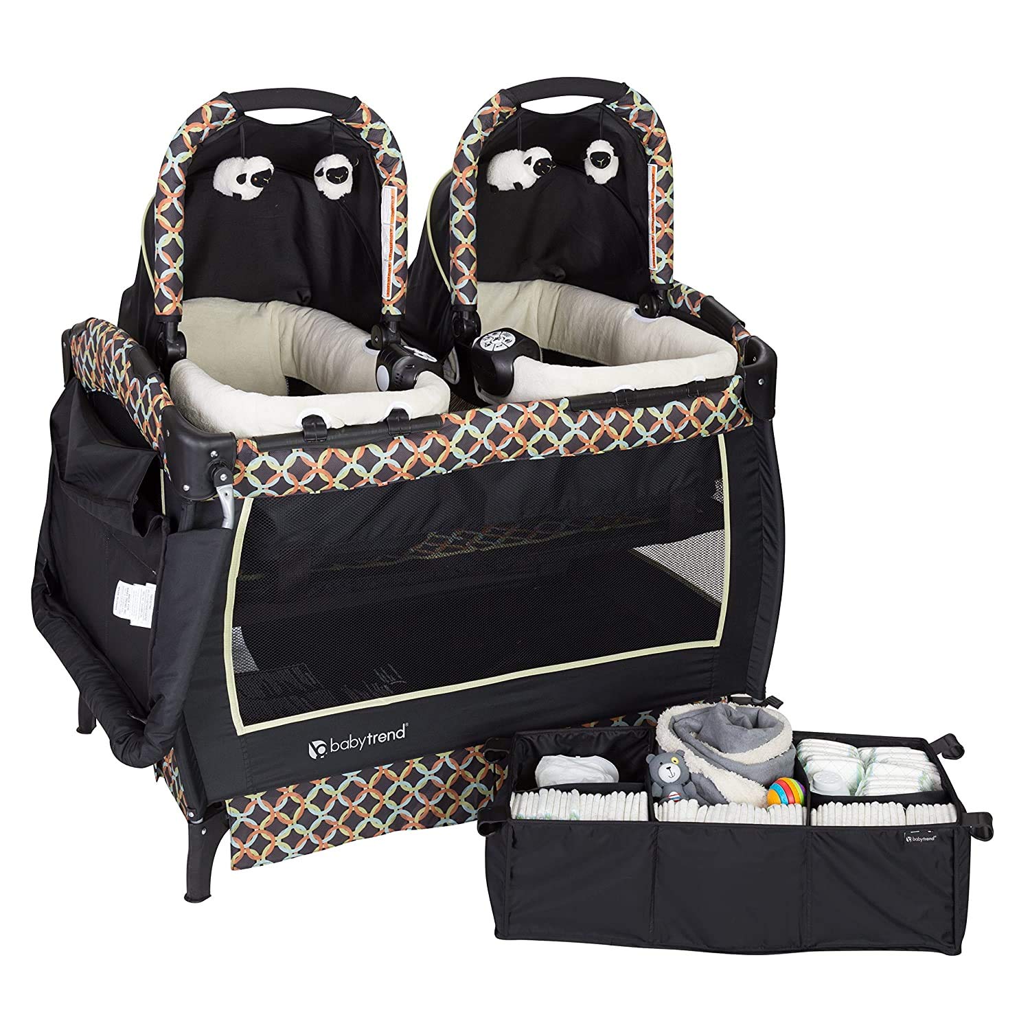 Baby Trend Twin Nursery Center with Circle Tech - Portable Infant Crib & Playard for Twins, Perfect for Home, Travel and Daycare Use